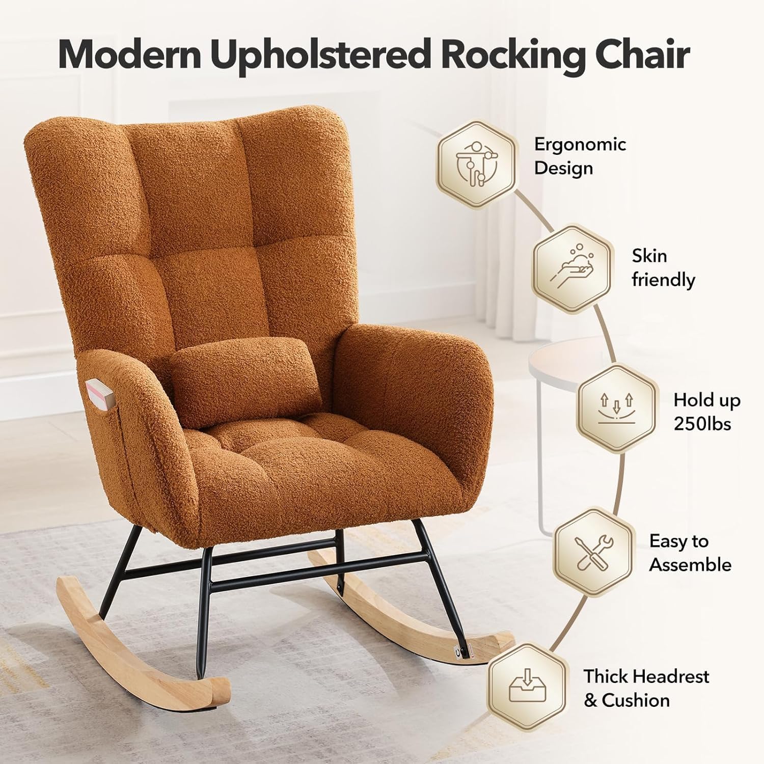 Fauteuil a Bascule, Fauteuil Allaitement pour Salon,Fauteuils Rembourrés en Peluche avec Dossier Haut, Cadre en Métal et Bois avec Poches Latérales,pour la Nurserie,Chambre, Marron