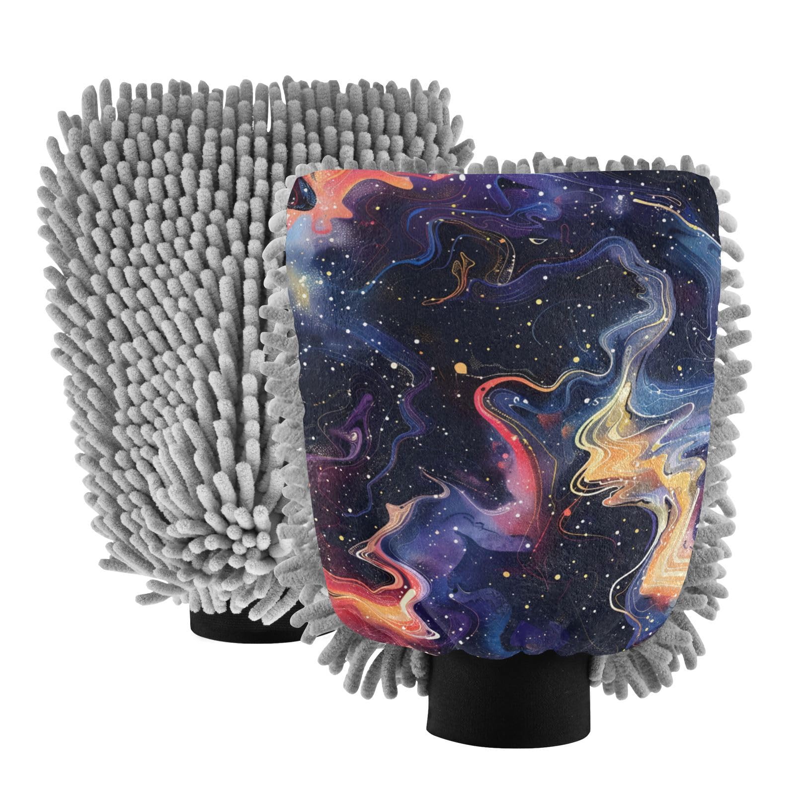 IOACIY Absorbent Microfiber Car Wash Drying Mitts, 2 Pack, Scratch-Free & Lint-Free, Rich Foam, Highly Absorbent, Double Sided, Wash Mitt Perfect for Car Washing, L, Starry Sky Universe (2)