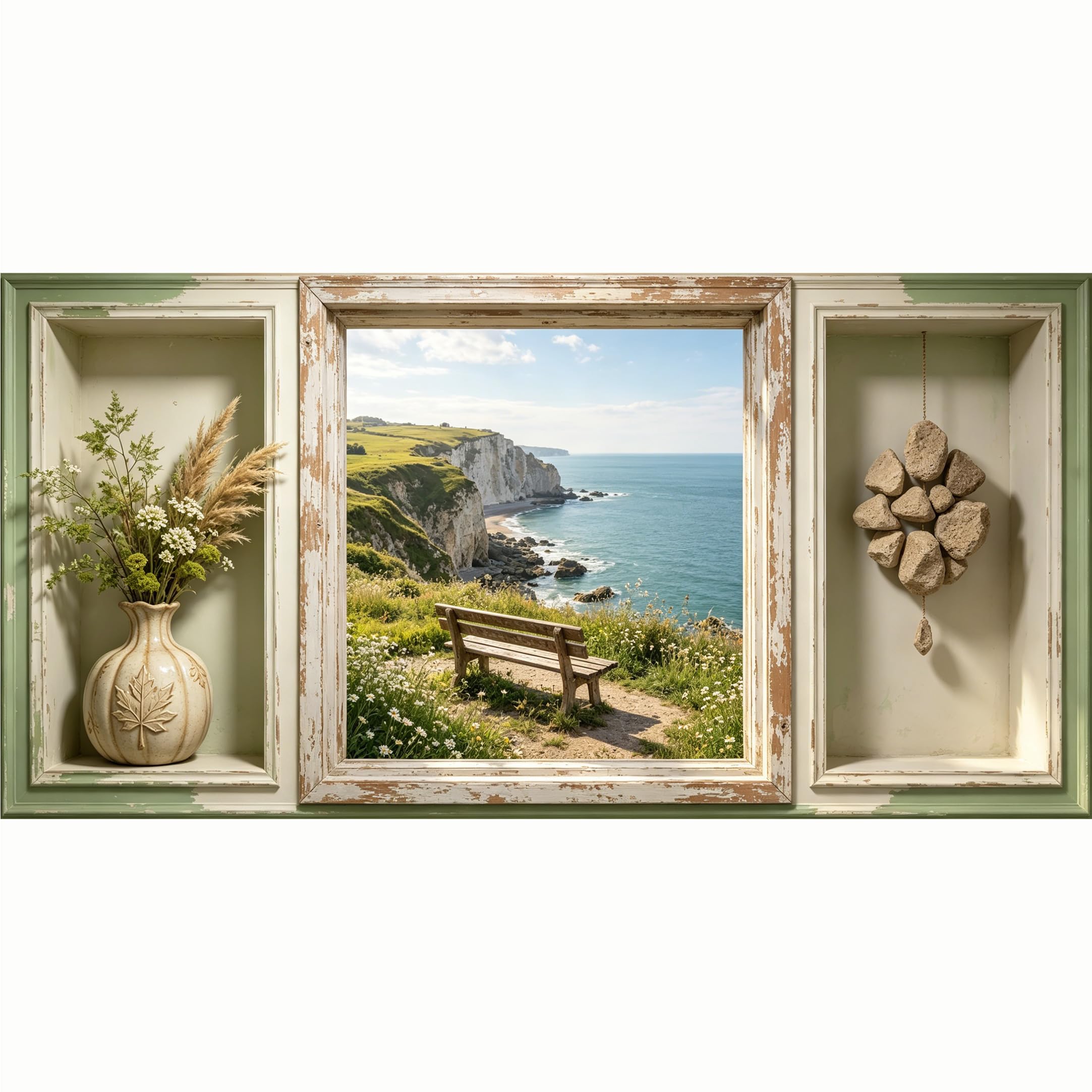 QZLITHOTIC 50x100cm 3D Framed Wall Art， Coastal Ocean Cliff Bench Landscape SelfAdhesive Mural， Water‑Activated Peel & Stick Fabric Decor Wall Decal for Bedroom Living Room