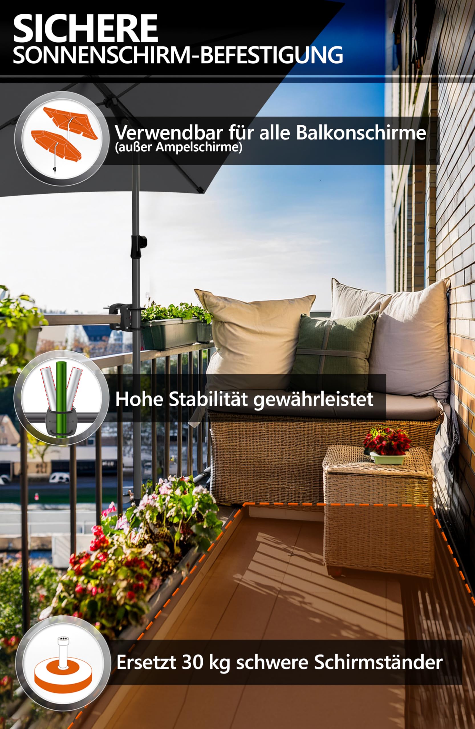 Supporto Per Ombrellone Da Balcone 4smile SunnyEasy - Base Per Ringhiera, Nero, Montaggio Flessibile - Foto 2