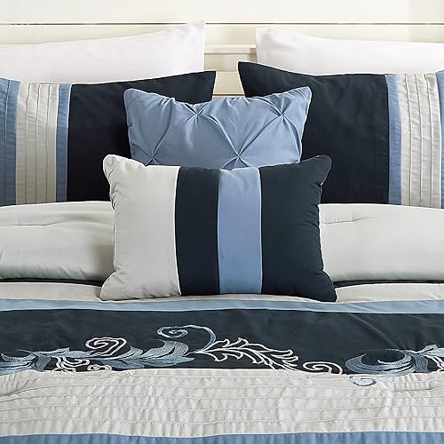 Miniatura 5 de Chezmoi Collection - Juego lujoso de edredón de 7 piezas Napa con bordado de hojas de otoño (tamaño California King, color azul marino, azul y gris)