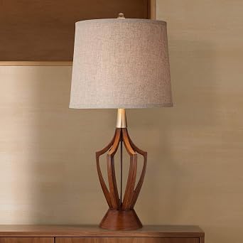 360 Lighting St. Claire Mid Century Modern Table Lamp 30 3/4" Tall Wood Brown Open Vase Taupe Fabric Drum Shade for Bedroom Living Room House Bedside Nightstand Home Office Entryway Family