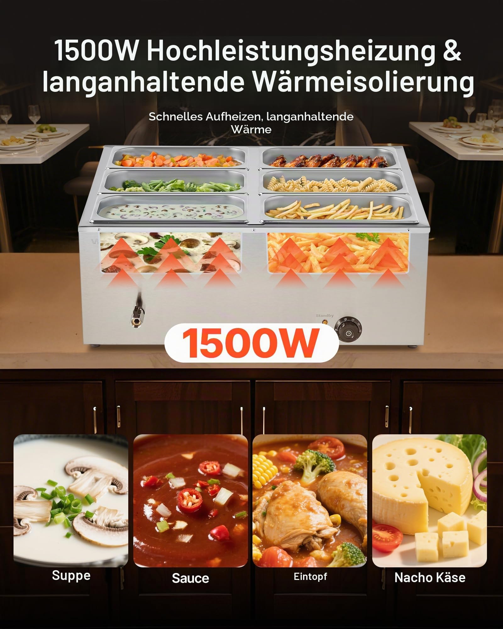 VEVOR kommerzieller Speisenwärmer (6 x 1/3 Größe Behälter), 1,5 kW elektrischer Wärmebehälter aus Edelstahl mit Abdeckung & Suppenkelle, Chafing Dishes Set für Catering Restaurant Party