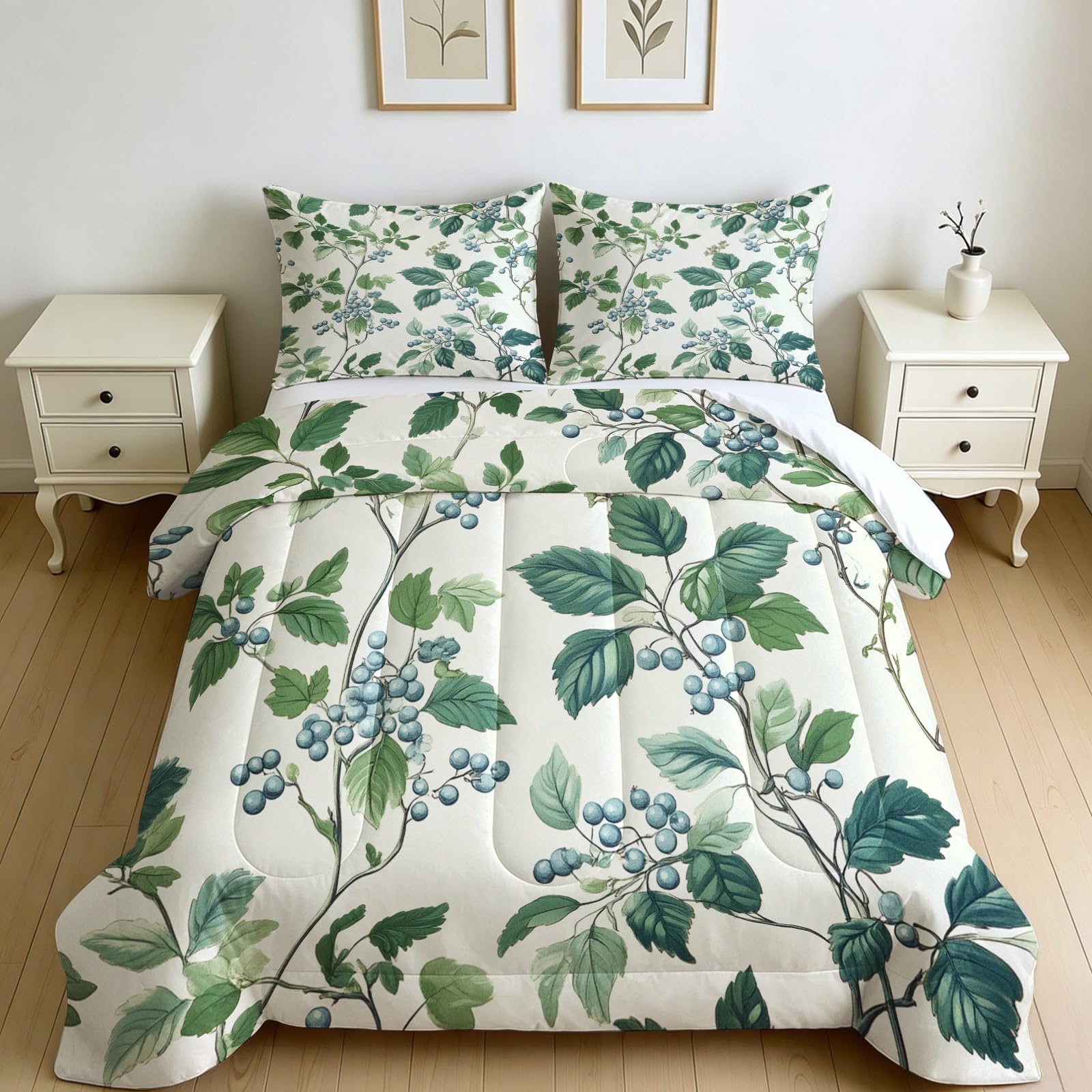 Edredón Cama 90 135 x 200 cm Hojas y Bayas pequeñas 4 Estaciones, Relleno Nórdico Microfibra Verde 2 Fundas, Lavable