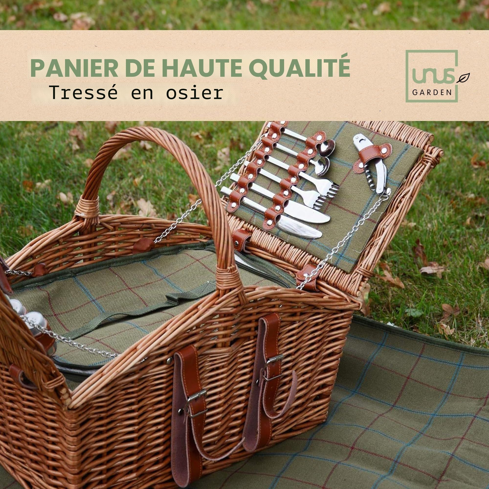 UNUS Panier de Pique-Nique en Osier pour 2 Personnes avec Couverture, Vaisselle et Couverts, Set Complet avec Tapis de Pique-Nique