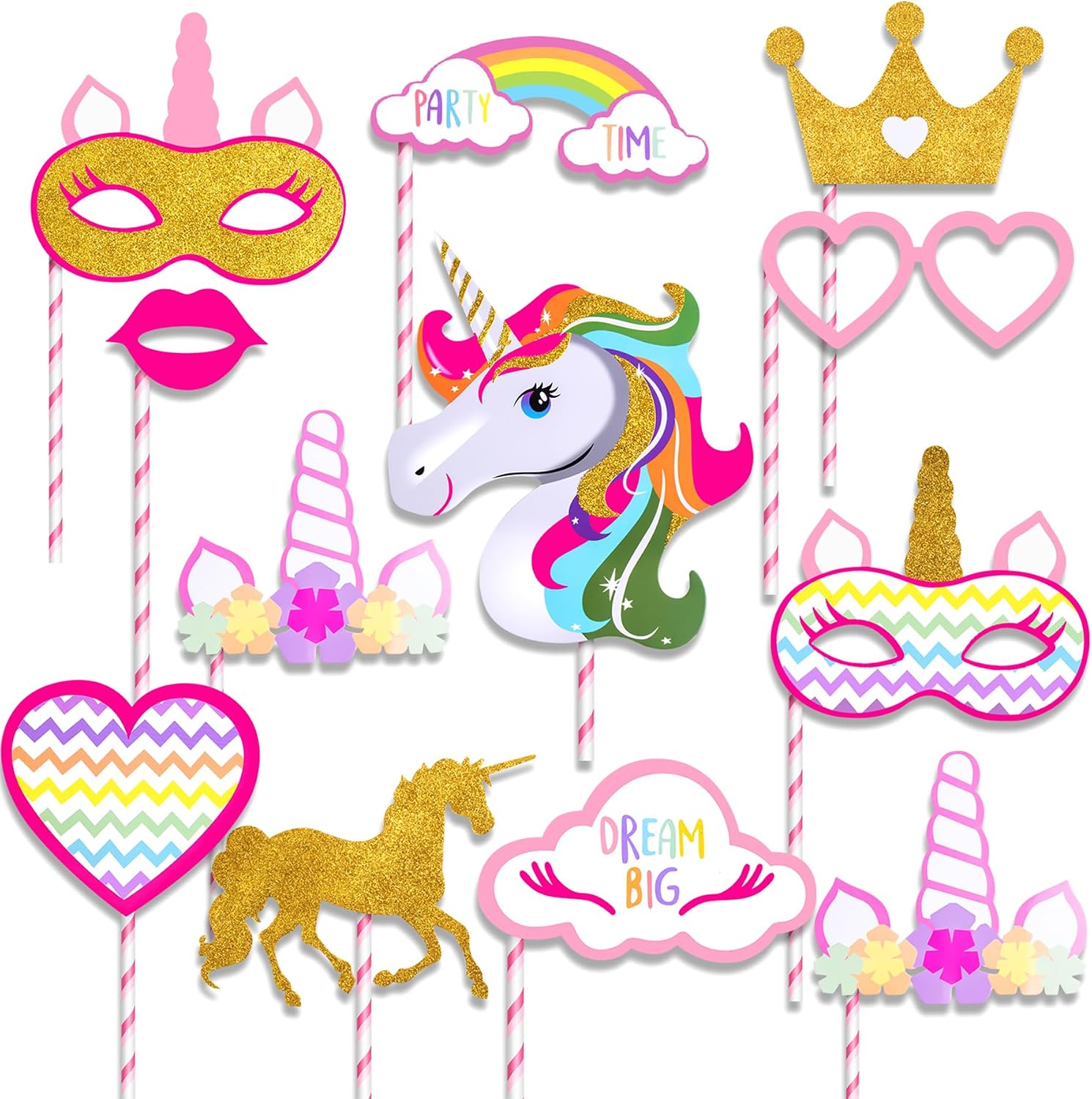 Glittery Pink and Gold Unicorn Photo Booth Props-12 PCS Fully Assembled