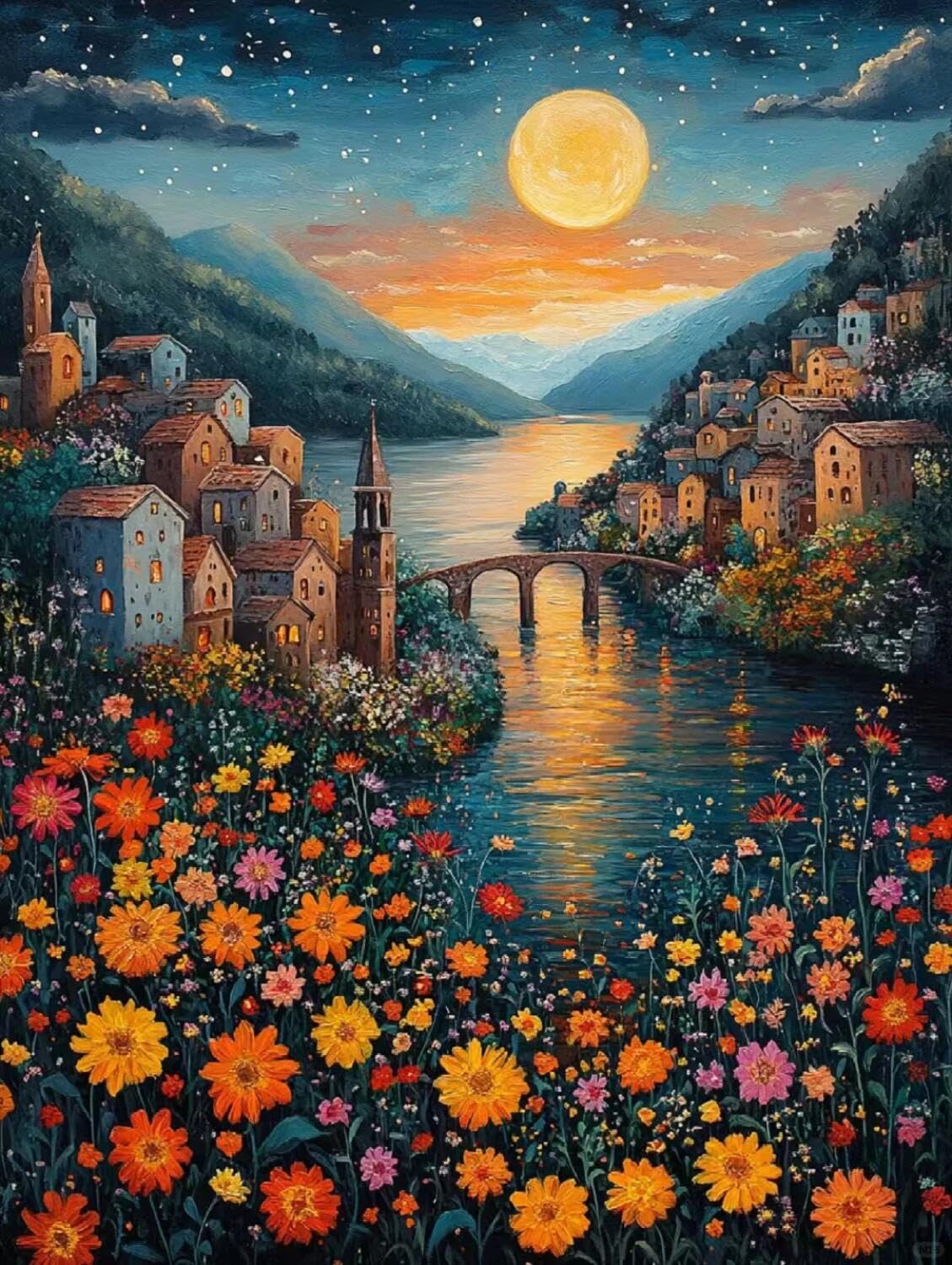 Rqwybcaxn Bead Embroidery Kits Starry Sky and Town 40x50cm