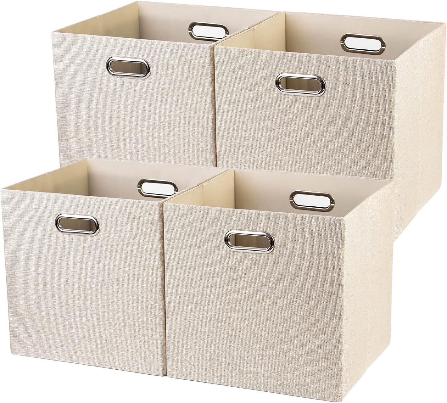 13x13x13 Cube Storage Bins 4 Pack Foldable Linen Fabric Organizer Storage Bin with Metal Handles Neaterize for Nursery, Clothes, Toys, Books (Beige)