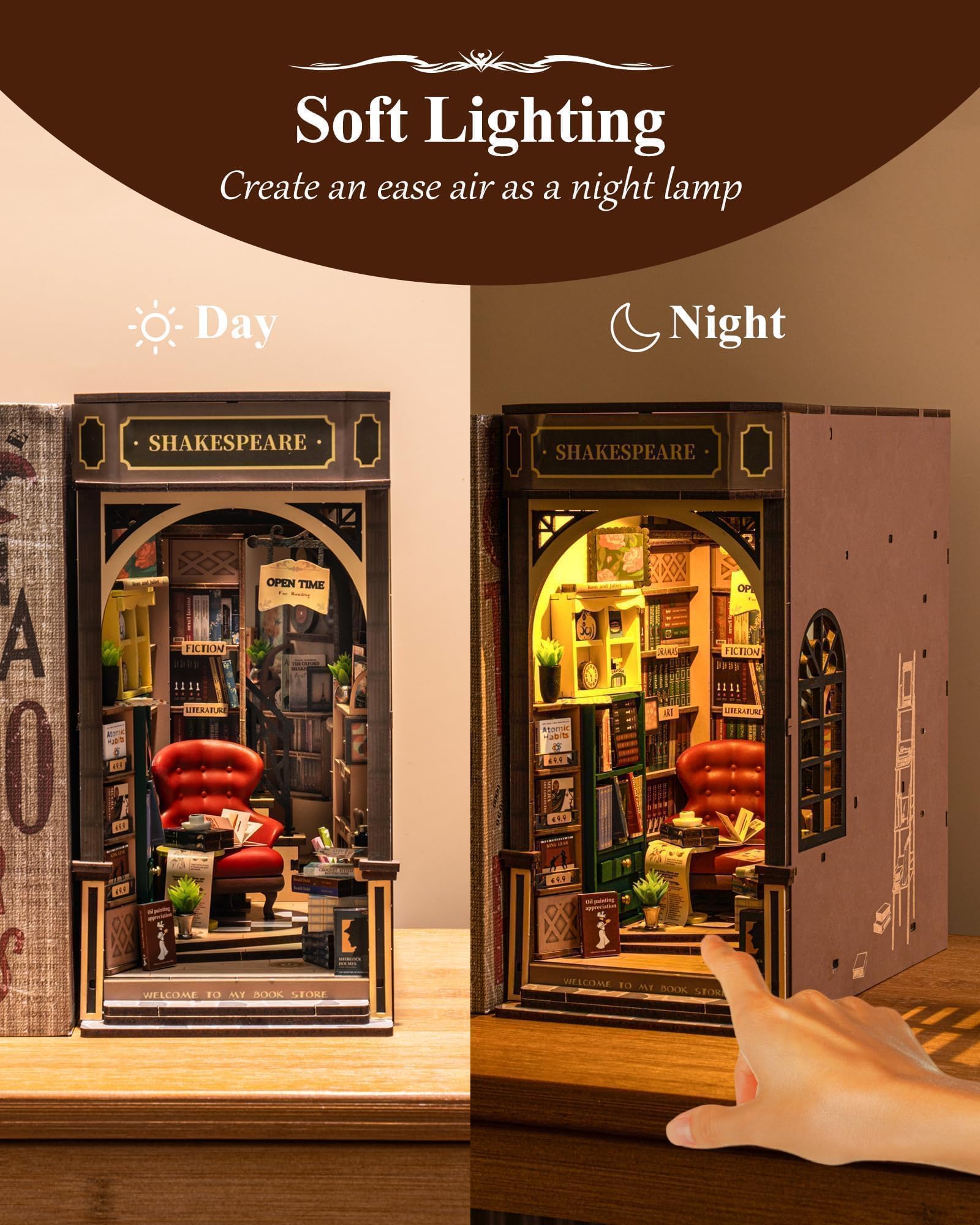 ROWOOD Libreria Book Nook Kit, Fai Da Te Miniatura Casa, Puzzle Modello Building Kit Con Luce LED, Miglior Decorazione Per La Casa E Regali Per Adulti Da Costruire