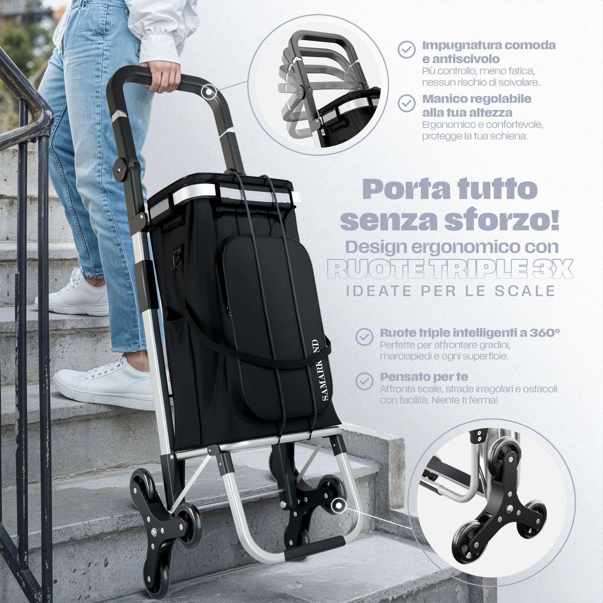 Carrello Spesa 3 Ruote Scale Pieghevole Impermeabile 40kg – Leggero, Resistente, Manico Regolabile - Carrello Portaspesa Termico Per Mercato Trolley Spesa Con Ruote, Carrello Per La Spesa Con Ruote