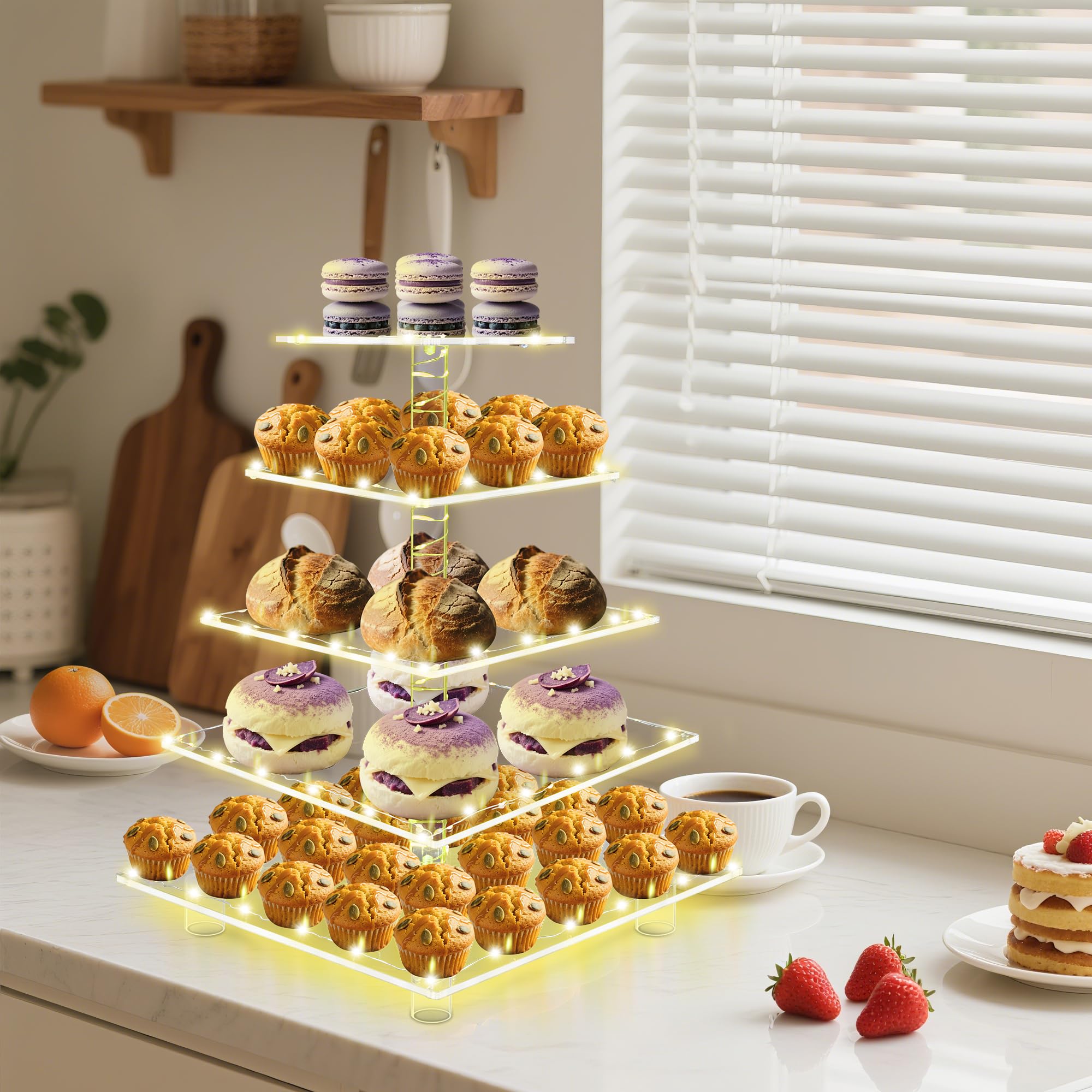 5-poziomowy stojak na babeczki, przezroczysta wieża na babeczki z lampkami sznurkowymi, duży kwadratowy uchwyt na babeczki, ekspozycja deserów na baby shower, przyjęcie herbaciane i wesele