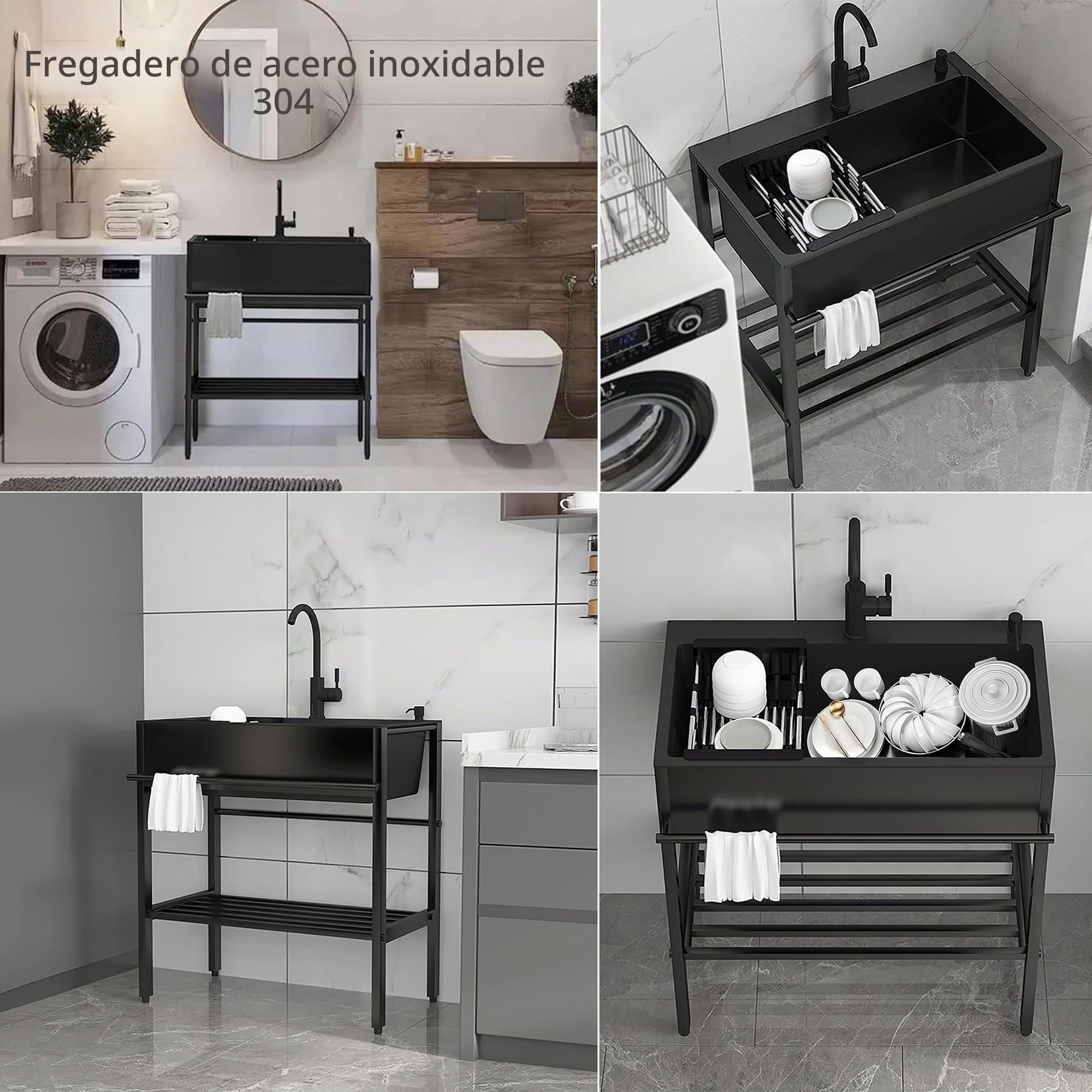 Fregadero de Cocina de Acero Inoxidable 60x45x86cm,Fregadero Independiente con Grifo,Pila Lavadero Multifuncional,Fregaderos Comercial Exterior Jardin,para Restaurante Garaje Lavadero Patio Trasero
