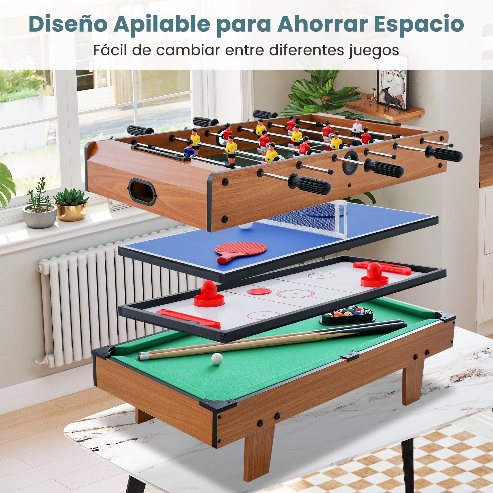 COSTWAY Mesa de Futbolín 4 en 1 con Billar, Ping Pong, Hockey y Accesorios Completos para Hogar, Sala de Juegos y Noches Familiares, Mesa de Juegos Multiusos para Niños y Adultos