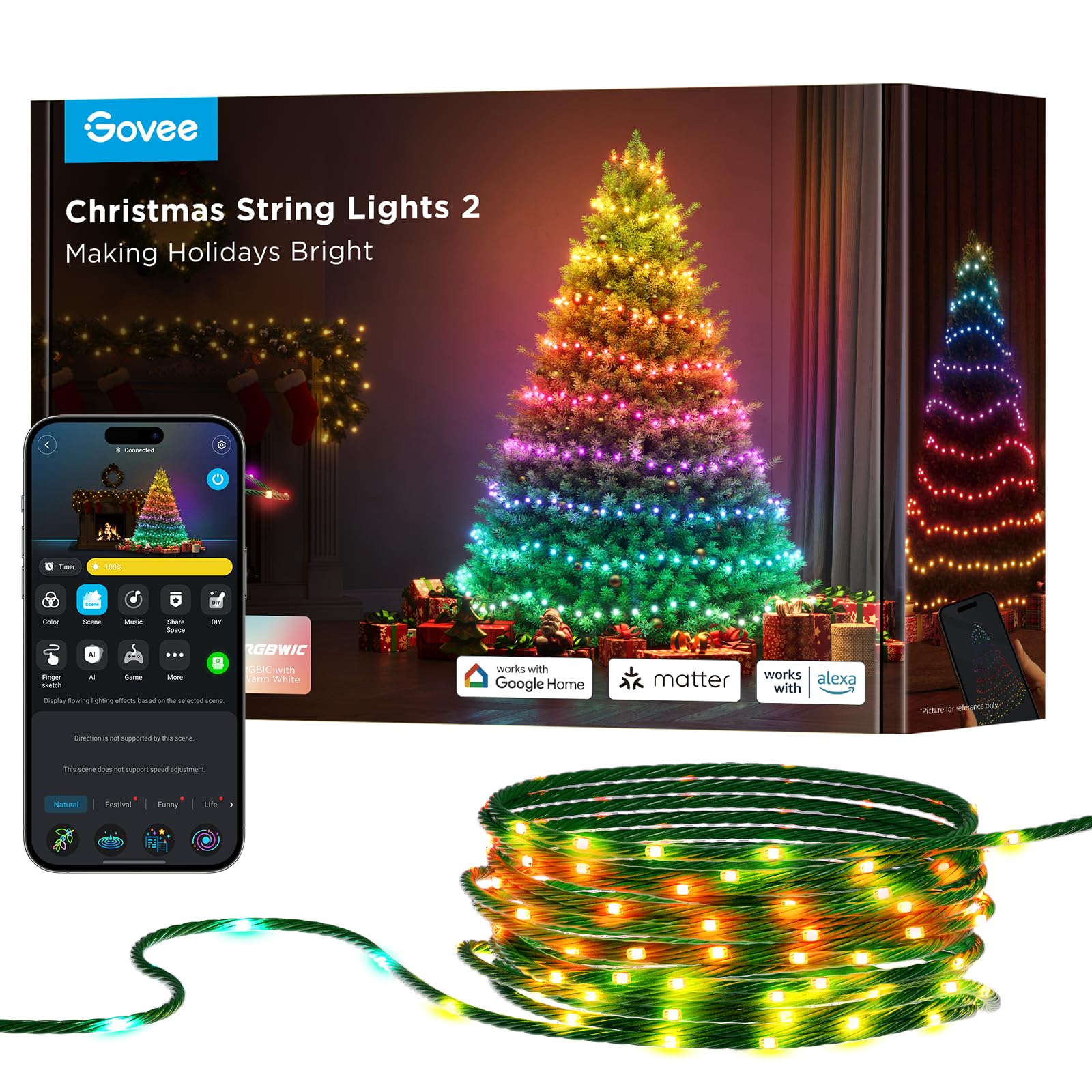 Govee Christmas Lights 2, RGBWIC 99FT 300LEDs Holiday String Lights with Shape Mapping Function, Smart LED Decoration for Indoor Outdoor Tree, 130+ Preset Scenes, Voice and APP Control, Green WireGovee Christmas Lights 2, RGBWIC 99FT 300LEDs Ho…