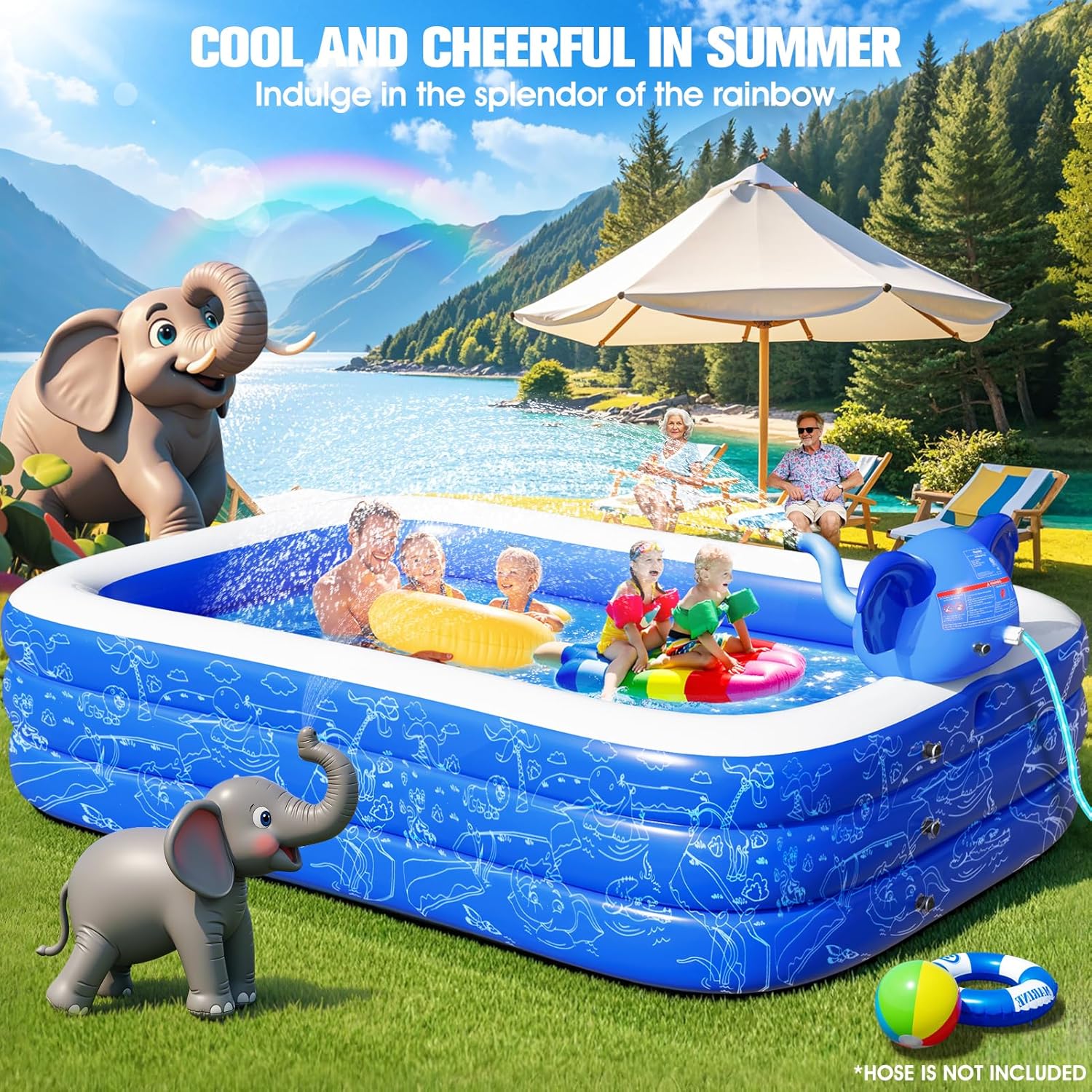 Inflatable Pools with Sprinkler,Upgraded Elephant Inflatable Swimming Pool,Kids Pools for Backyard,Large Inflatable Pool for Adults Blow up Pools,Oversized Thickened Family Inflatable Pool-Blue