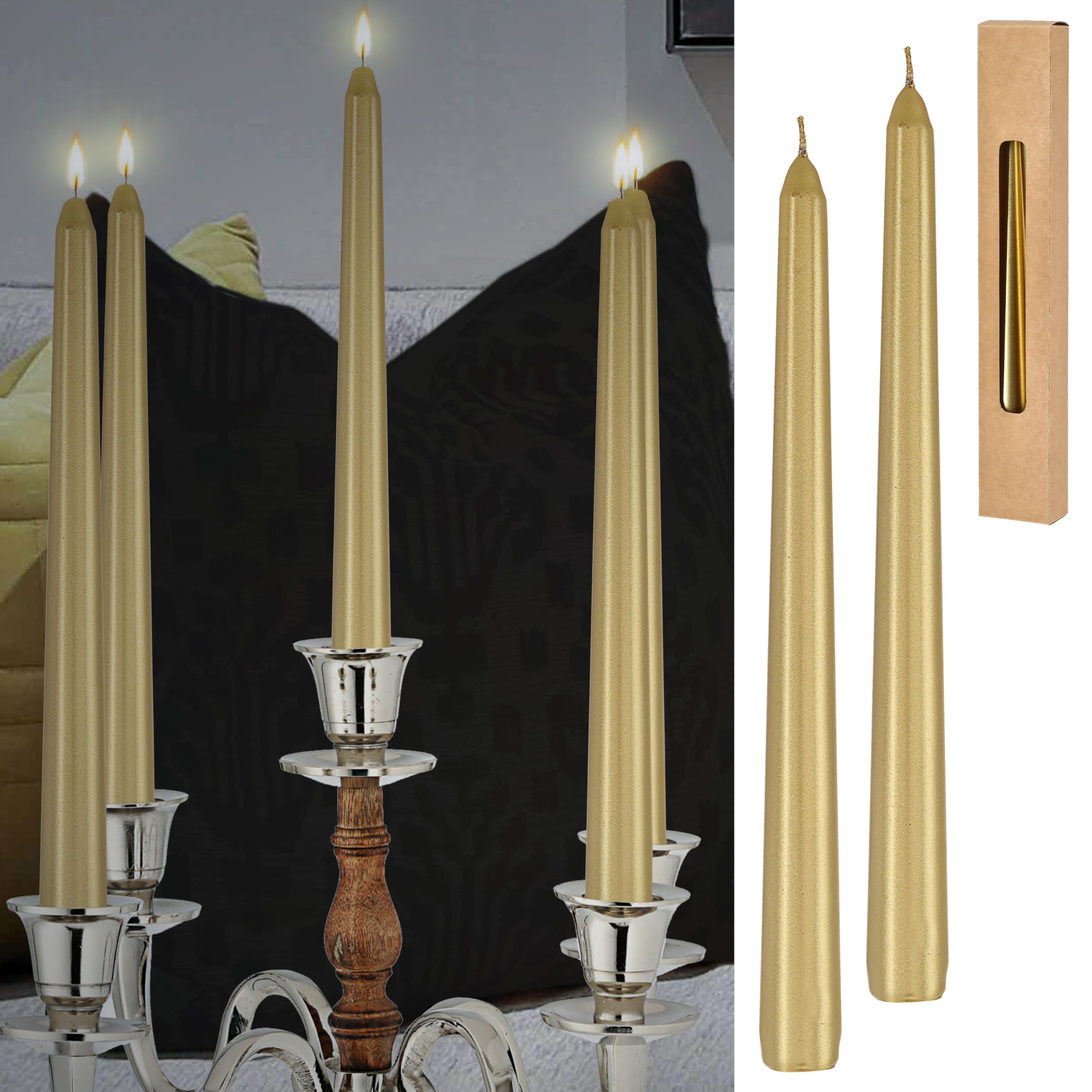 Juego de 2 velas doradas, 2 x 25 cm, parafina, cera auténtica, velas decorativas brillantes (1 x 2 velas doradas)