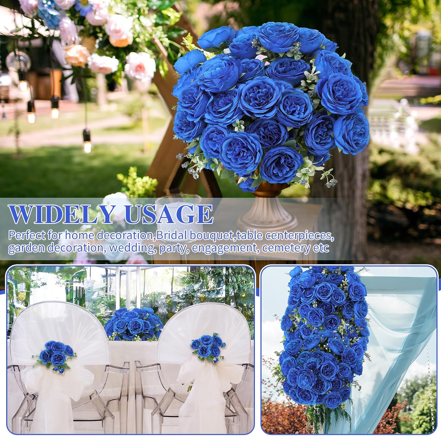 16 Pack Royal Blue Peonies Artificial Flowers,Fake Silk Hydrangea Bouquet for Bridal Wedding Home Table Decor Reusable Dining Opening Ceremony Birthday Arrangement Faux Floral