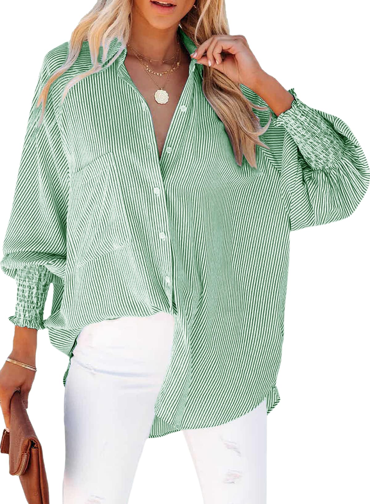 Chicrise Bluse Damen Knopfleiste Button-Down Oberteile Lange Ärmel Gestreift Casual Hemd Loose Elegant Grün Groß 42-44