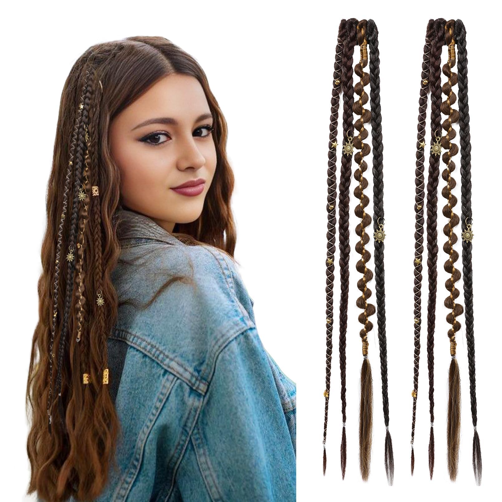 Photo 1 of REECHO Clip in Braid Hair Extensions for Women, 16" Boho Dreadlock Clip in Braids with Beads & Charms, 2PCS Handmade Synthetic Braided Hairpieces for Cosplay Daily Styling, Dark Brown Mix