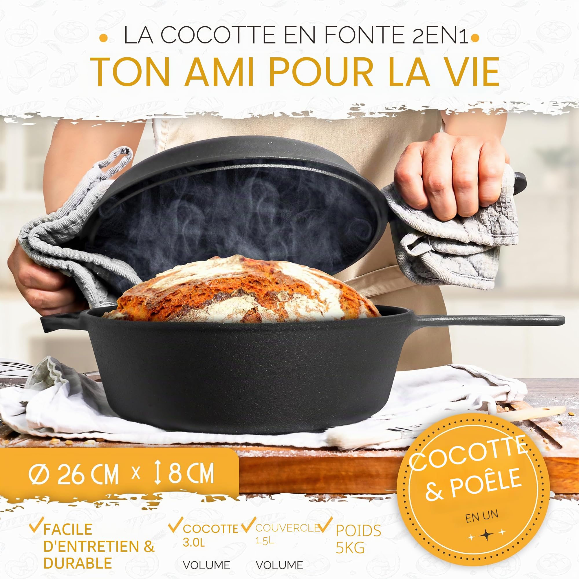 KRUSTENZAUBER Casserole à Pain en Fonte 26 cm avec Panier de Fermentation - Pot Robuste pour Cuisson - Moule Idéal avec Couvercle, Poêle et Accessoires