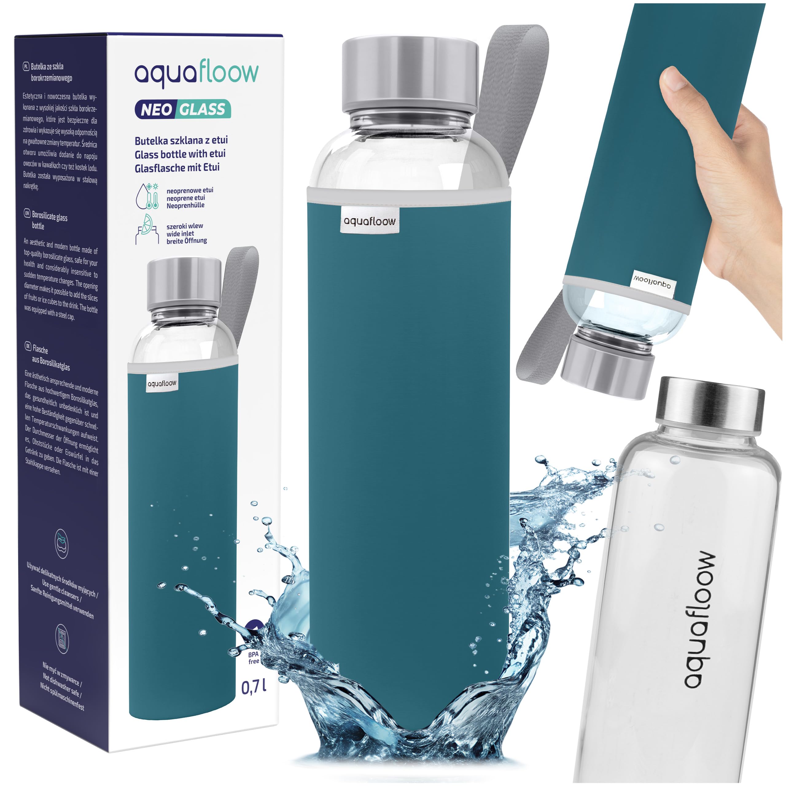Aquafloow Borraccia con Custodia 700 ml, in Vetro borraccia acqua Borosilicato Trasparente con Coperchio Protettivo e Tappo a Vite, Ideale per Lavoro, Scuola, Fitnes – Bleu foncé