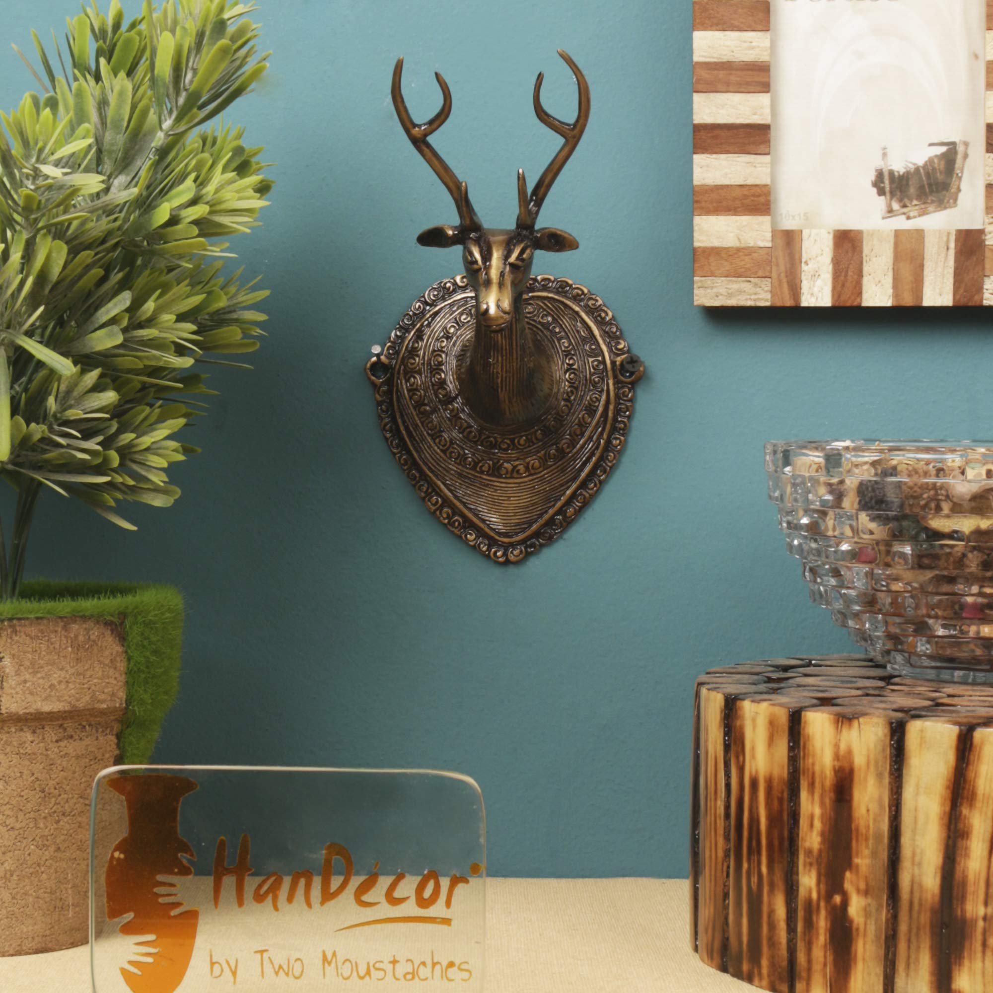 Vintage Brass Deer Head Wall Hanging - Two Moustaches -4