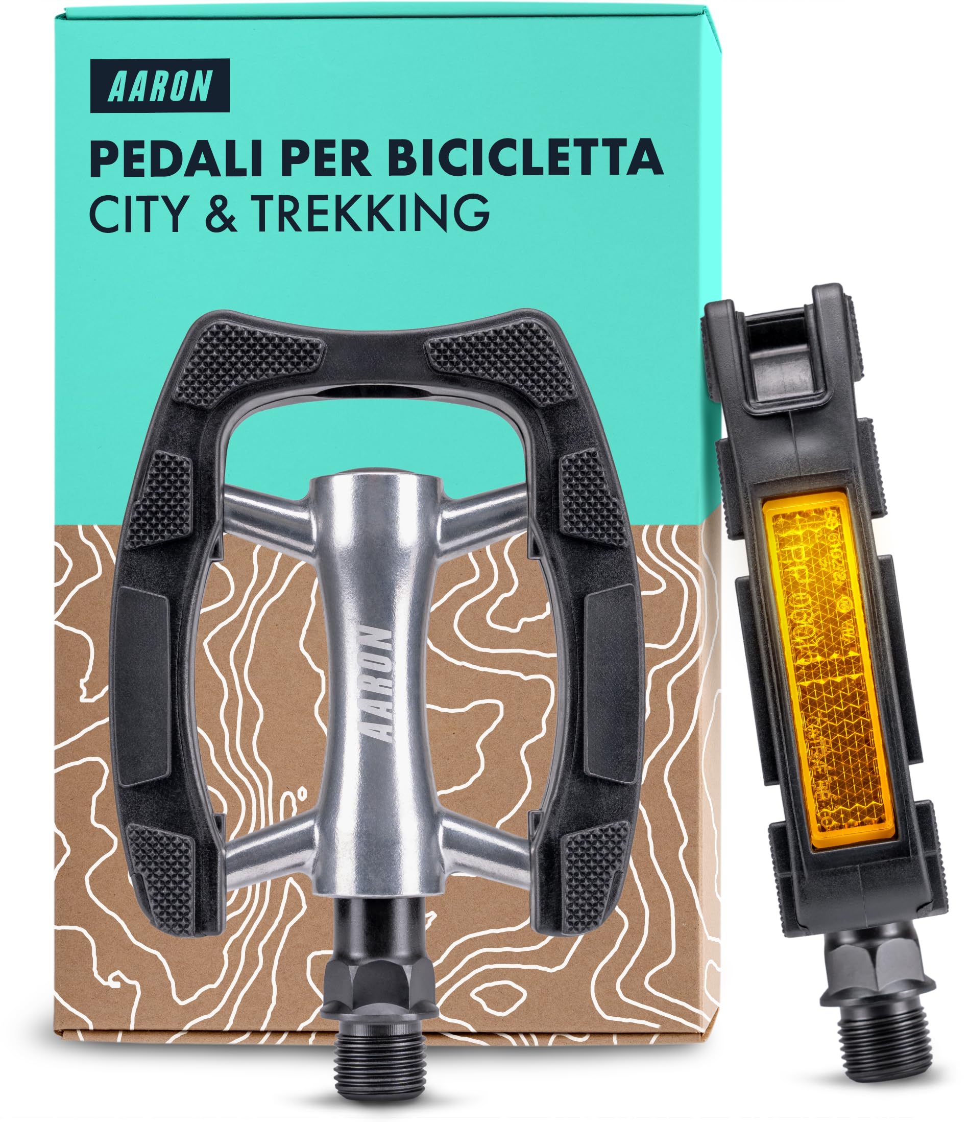 AARON City Pedali da bicicletta con impugnatura in gomma antiscivolo e cuscinetto a sfera industriale sigillato, pedali da trekking con riflettori per e-bike, trekking, City Bike, Argento/Nero