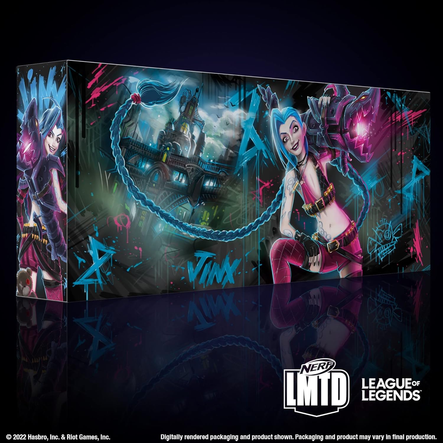 ハズブロ(HASBRO) Nerf Limited League of Legends Zinc Fishbone Blaster, Drum Loading 18 Darts, 18 Nerf Elite Darts, Launches 3 Darts, Includes Display Stand, Fully Made to Order F6382