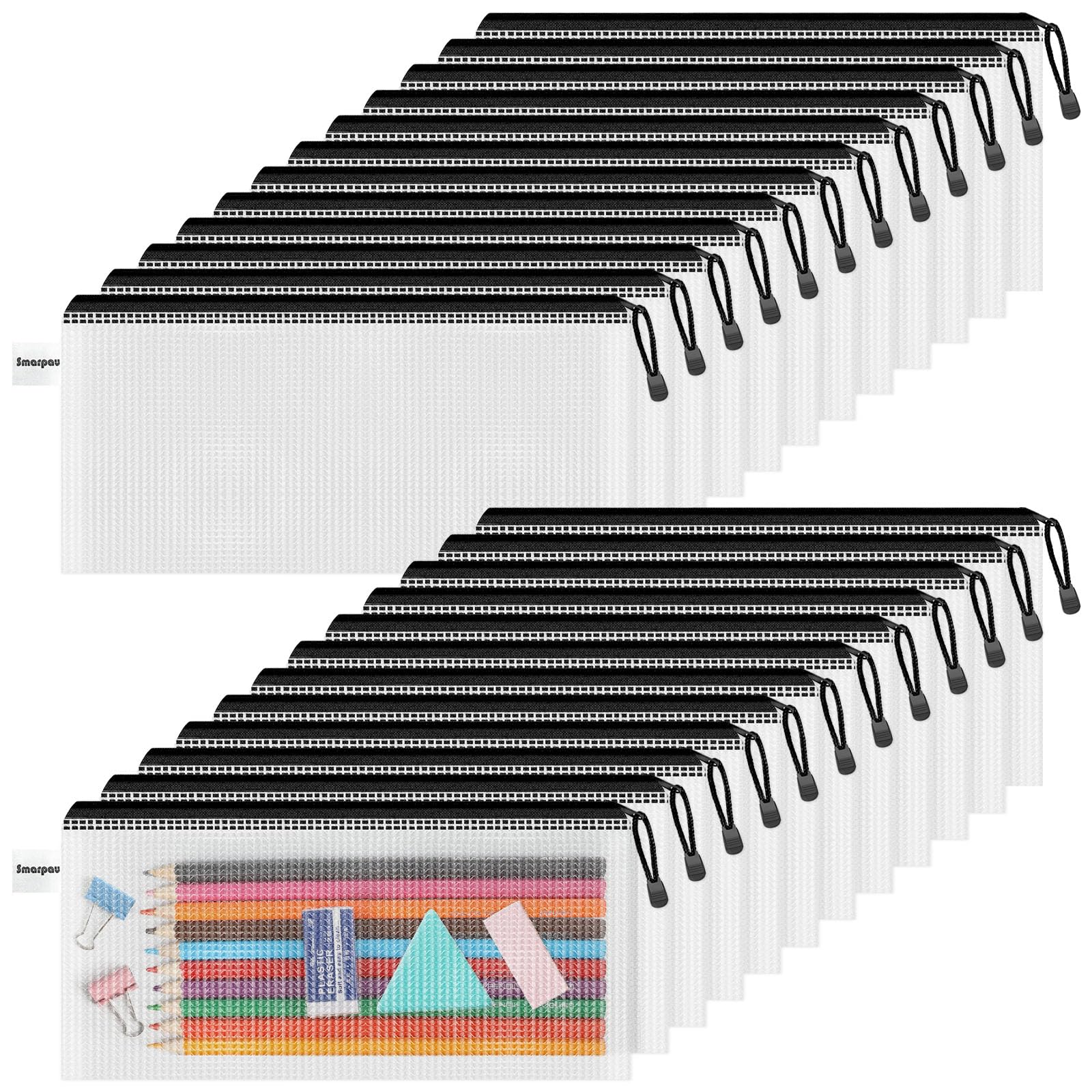 Smarpau Pencil Pouch 24PCS, 9.3" x 4.7" Mesh Zipper Pouches for Organizing, Bill Size Waterproof Zipper Pencil Bags for Travel, Office, Home Storage,