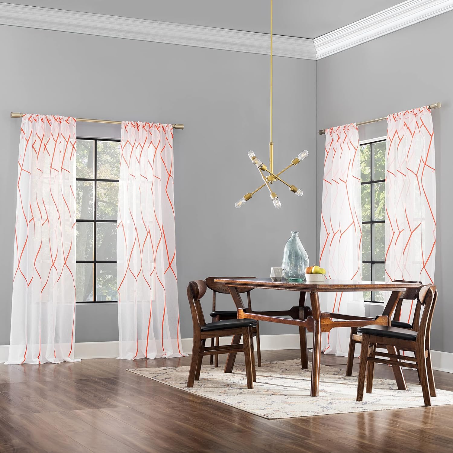Scott Living Azlan Geometric Embroidery Sheer Rod Pocket Curtain Panel, 50" x 96", Orange