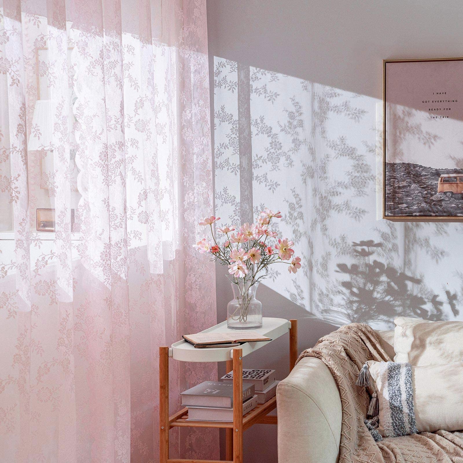 MIULEE Tende di Pizzo-Tende Rosa Chiaro per Finestre in Pizzo Trasparente Ricamate Floreali per Camera da Letto Soggiorno, Tenda Ricamate con Occhielli, 2 Pezzi Tenda, 2 X150x245cm(LxA)