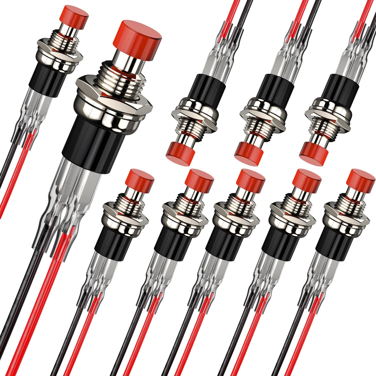 momentary push button switch, 1a 250vac spst mini pushbutton switches with wire normally open(no) red cap - 10pcs