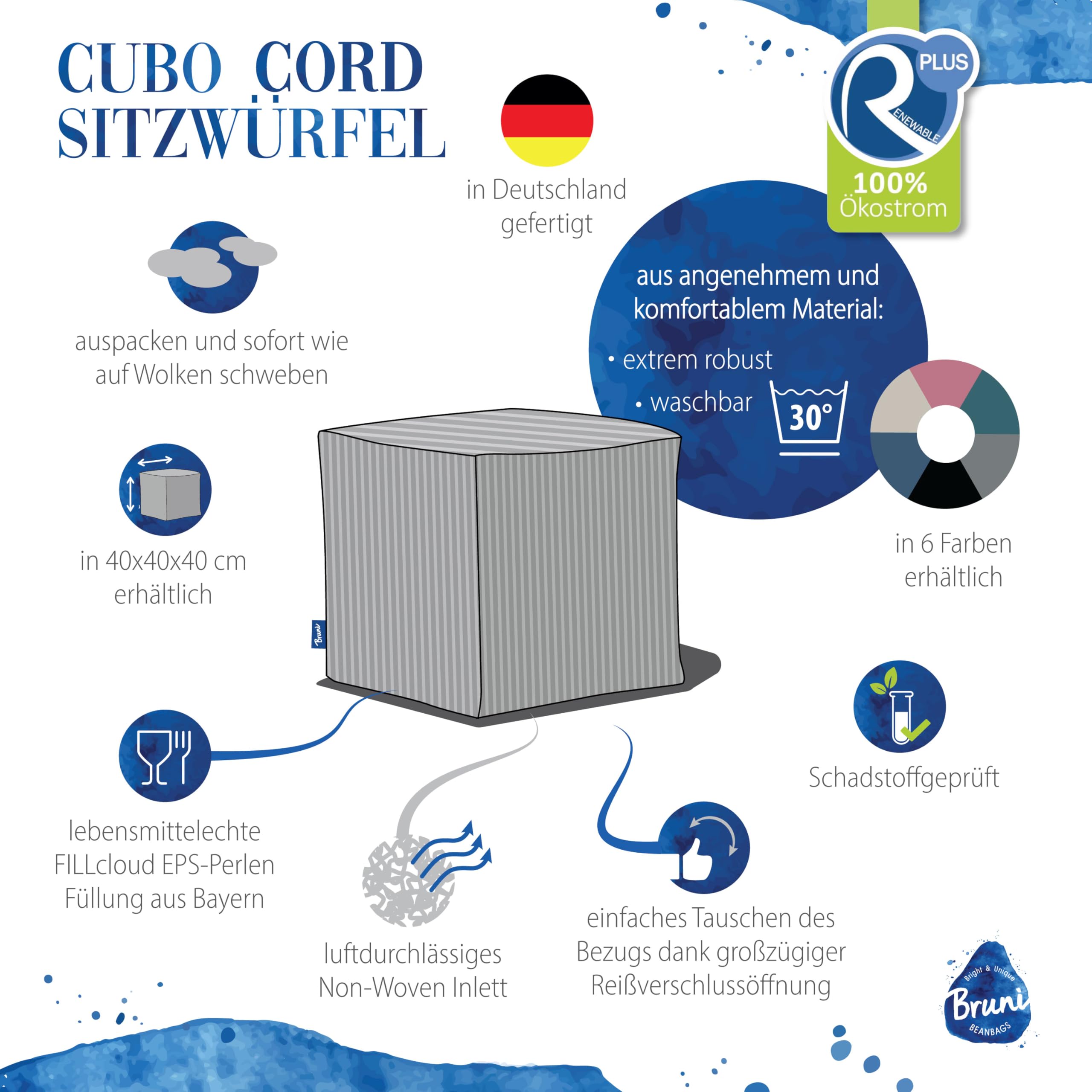 Bruni Sitzwürfel Cubo Cord in Beige – 40x40x40 cm Cord-Sitzwürfel aus Deutschland, Indoor-Sitzcube, Fußhocker und Bodenkissen