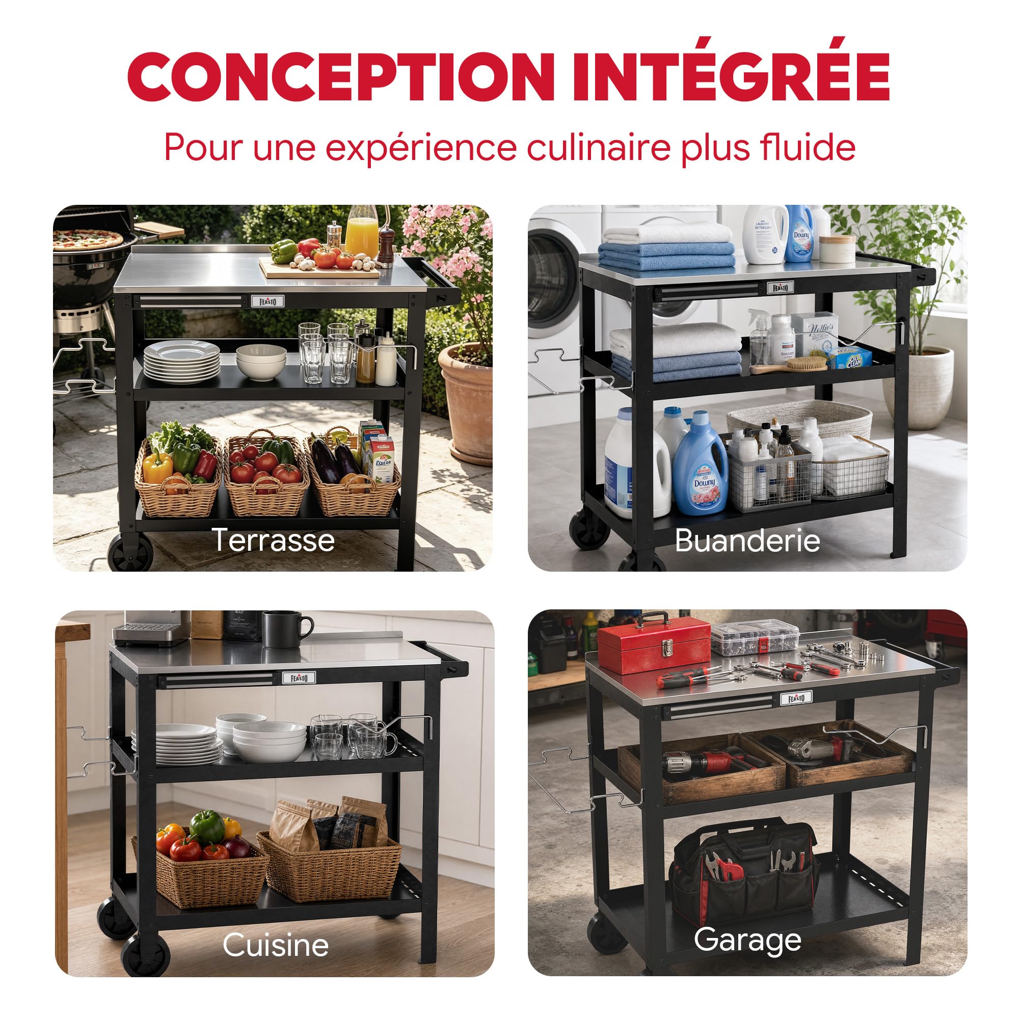 Feasto Desserte de Jardin avec Plateau en Acier INOX, Chariot pour Plancha à 3 étagères avec Barre Magnétique, Idéal pour Jardin et Terrasse, 90 x 46 x 82,5 cm
