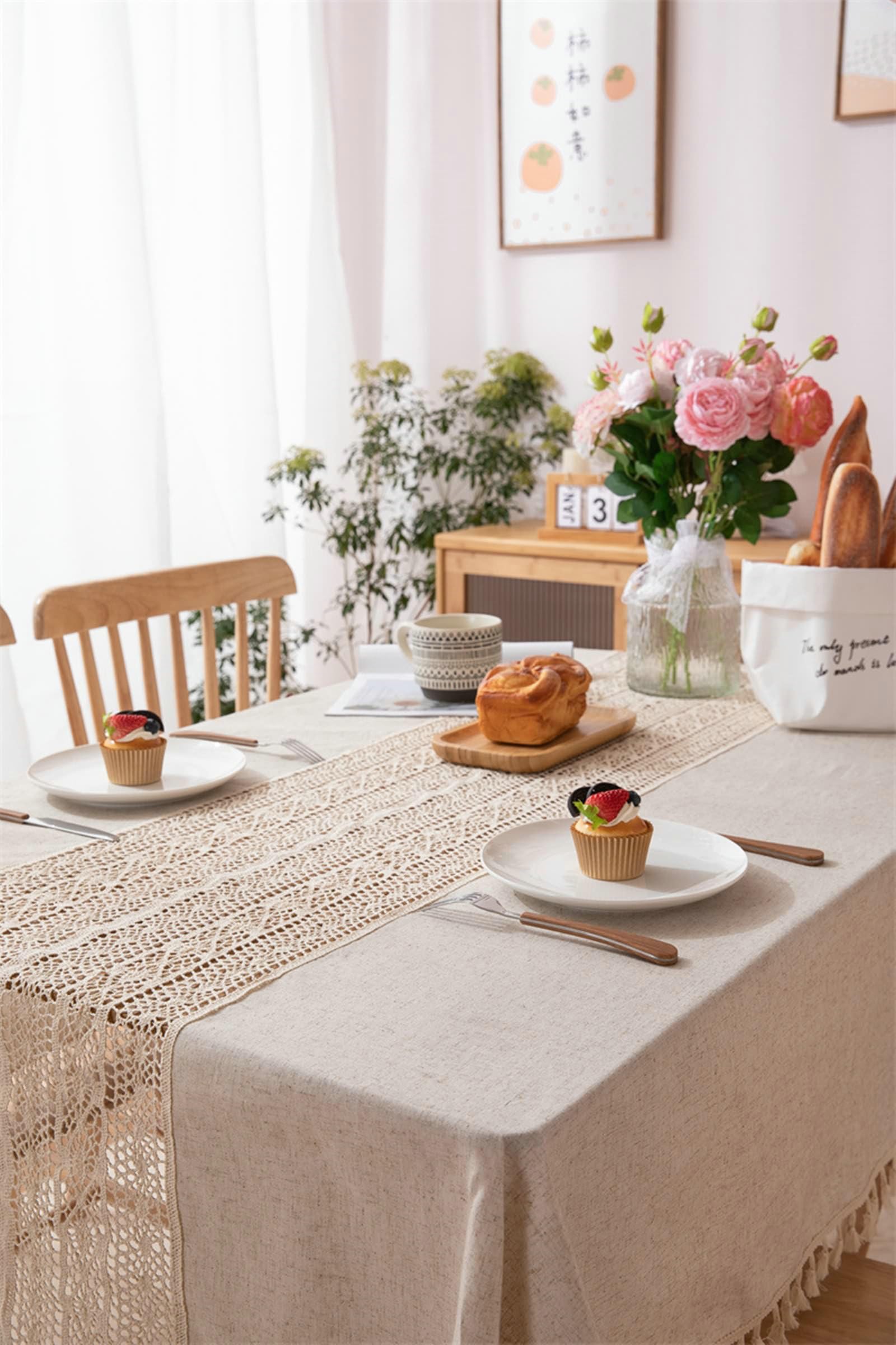 Gualiy Mantel Cocina Rectangular, Poliéster Mantel de Mesa Cocina 140x240CM Mantel Cocina Lavable Hueco con Borlas Mantel para Mesa de Sofa, Beige