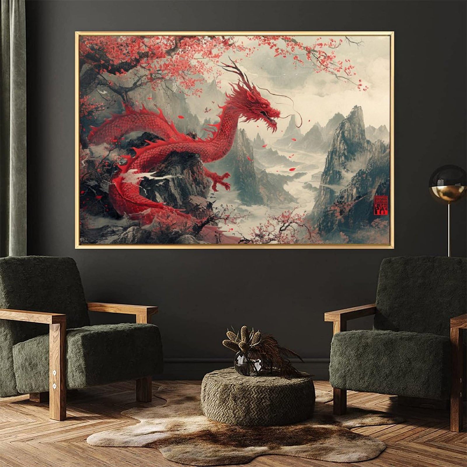 Amazon.co.jp: 絵画 岩の上に座っている赤い龍インテリア 絵画 水墨画