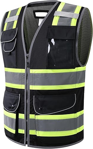 JKSafety Chaleco de seguridad de malla negra de alta visibilidad con 11 bolsillos para hombres y mujeres, construcción reflectante de alta