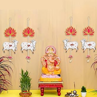 eCraftIndia Lotus, Cow, Pink Tassel Style Shubh Labh Hanging for Diwali Ganesh Chaturthi Navratri Decoration- Floral Wall Hangings for Home Temple Main Door Entrance-Diwali Decoration Items- Pack of 2