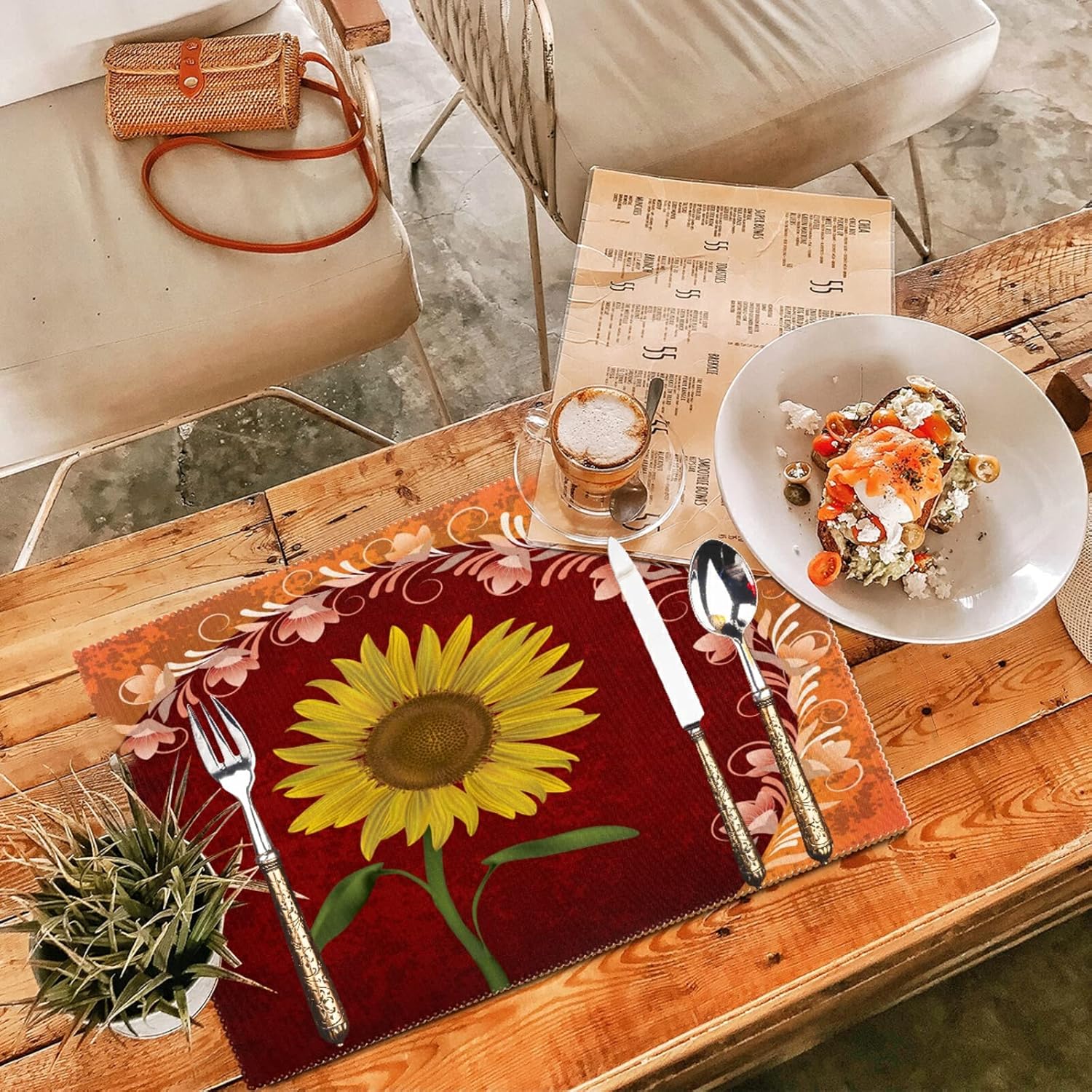 visesunny Placemat Table Mat Desktop Decoration Sunflower Red Pattern Abstract Grunge Floral Placemats Set of 6 Non Slip Stain Heat Resistant for Dining Home Kitchen Indoor 12x18 in