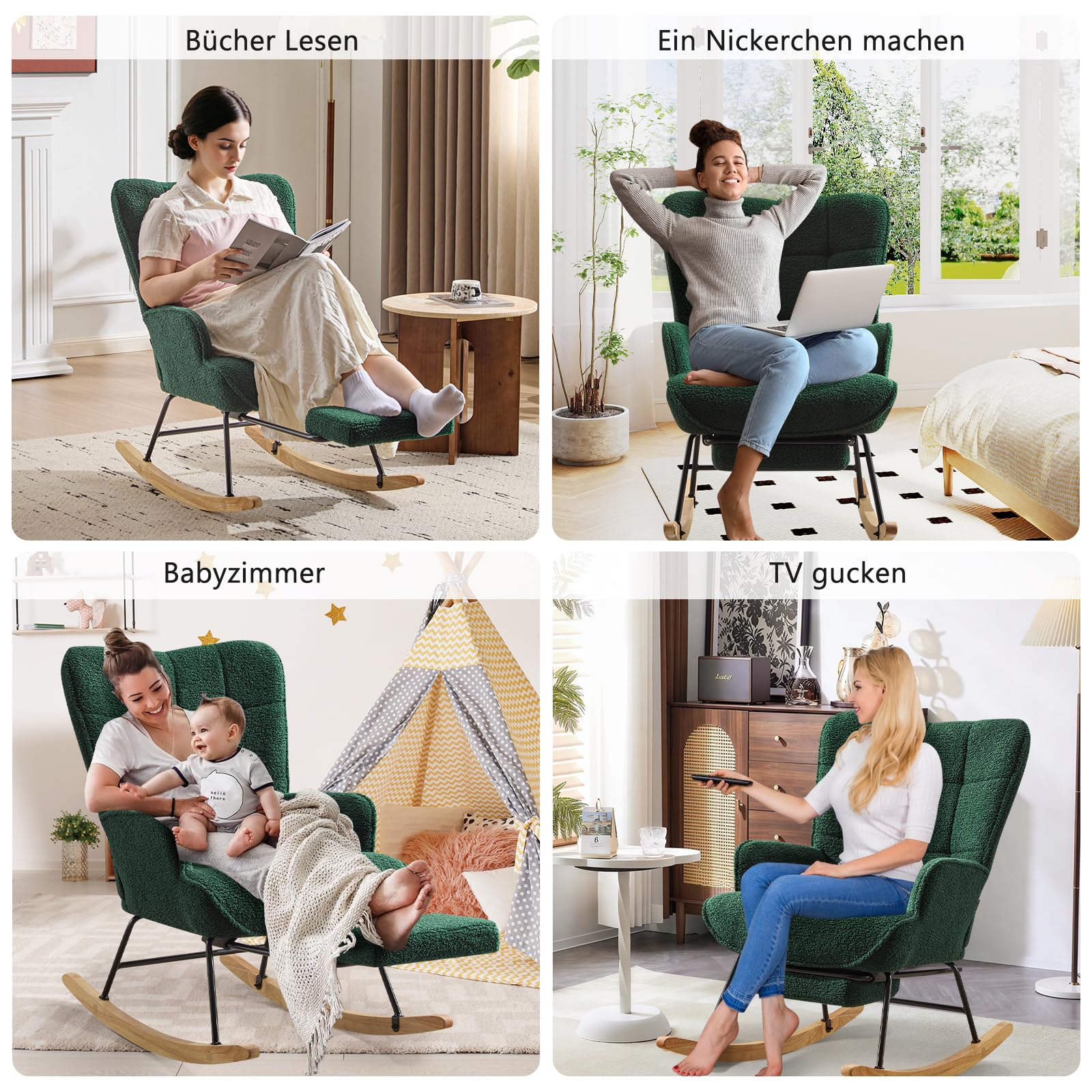 Schaukelstuhl mit Fußstütze, Schaukelsessel mit Fußstütze, Teddystoff Gepolsterter Relaxstuhl Lesesessel Sessel mit Holzkufen für Schlafzimmer Wohnzimmer, Grün