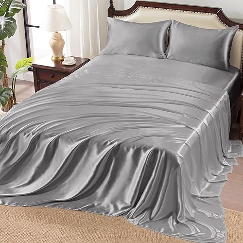 Miniatura 3 de Heywaller Juego de sábanas de satén de 4 piezas tamaño Queen, sábanas de satén gris plateado, sedosas y lujosas, juego de cama suave de bolsillo