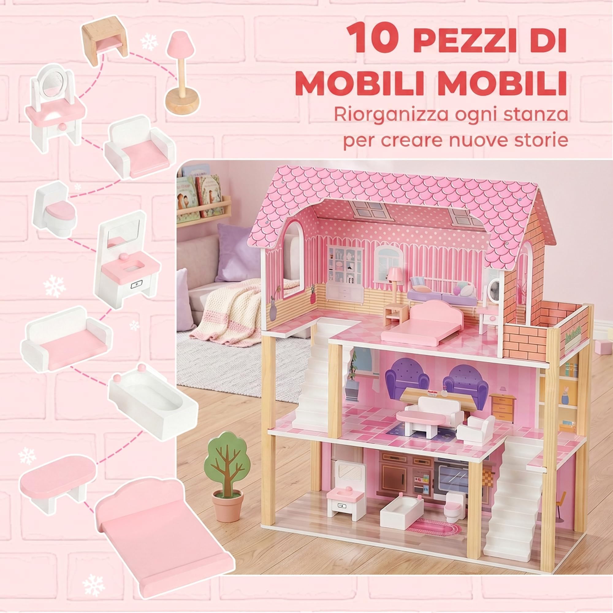 AIYAPLAY Casa delle Bambole in Legno per Bambini, 3 Piani, 10 Mobili, Rosa