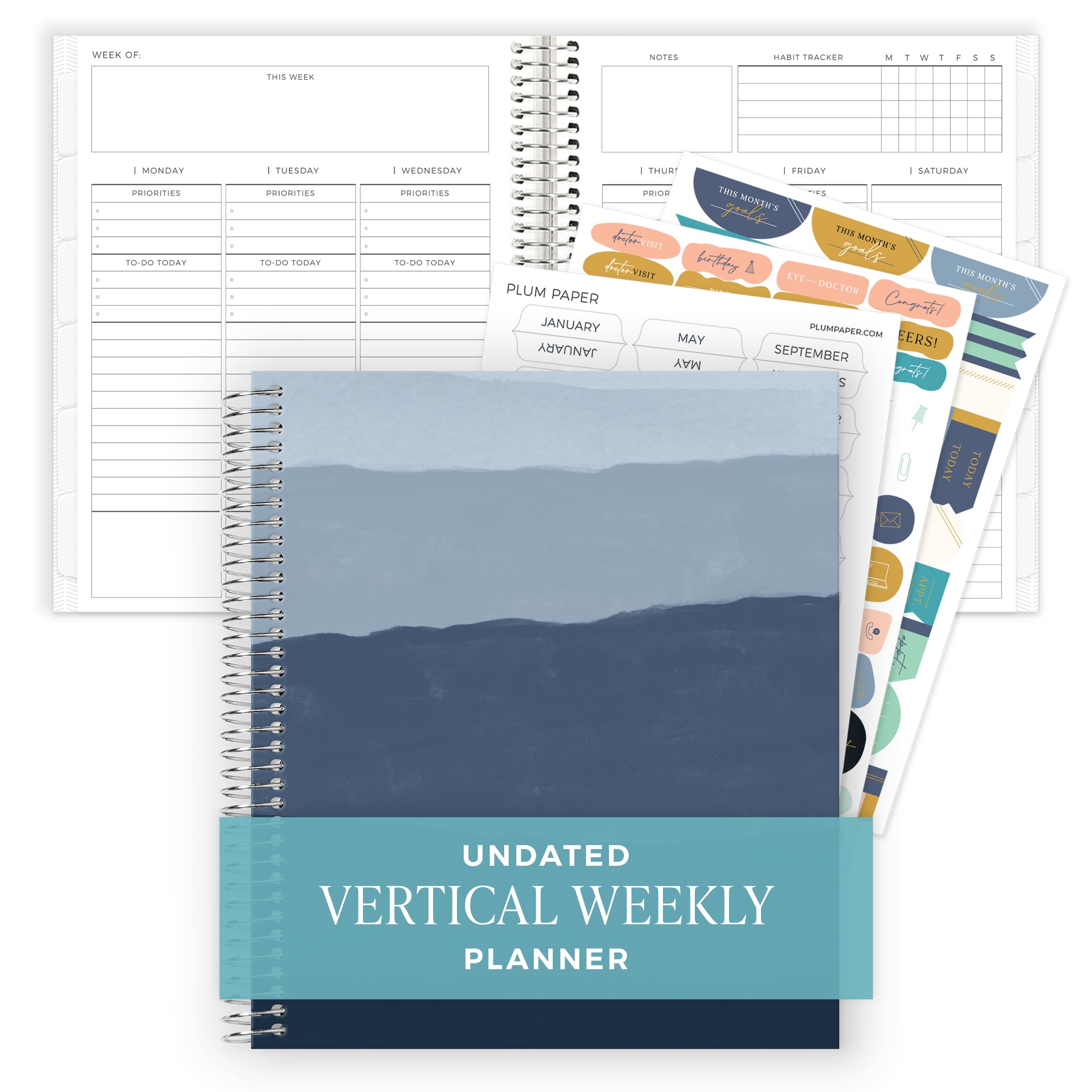 Undated Premium Planner, Weekly and Monthly Life Planner for Time Management, Organizer to Achieve Your Goals, with Stickers. Hardcover 7” x 9” Aluminum Coiled (Beloved Navy)