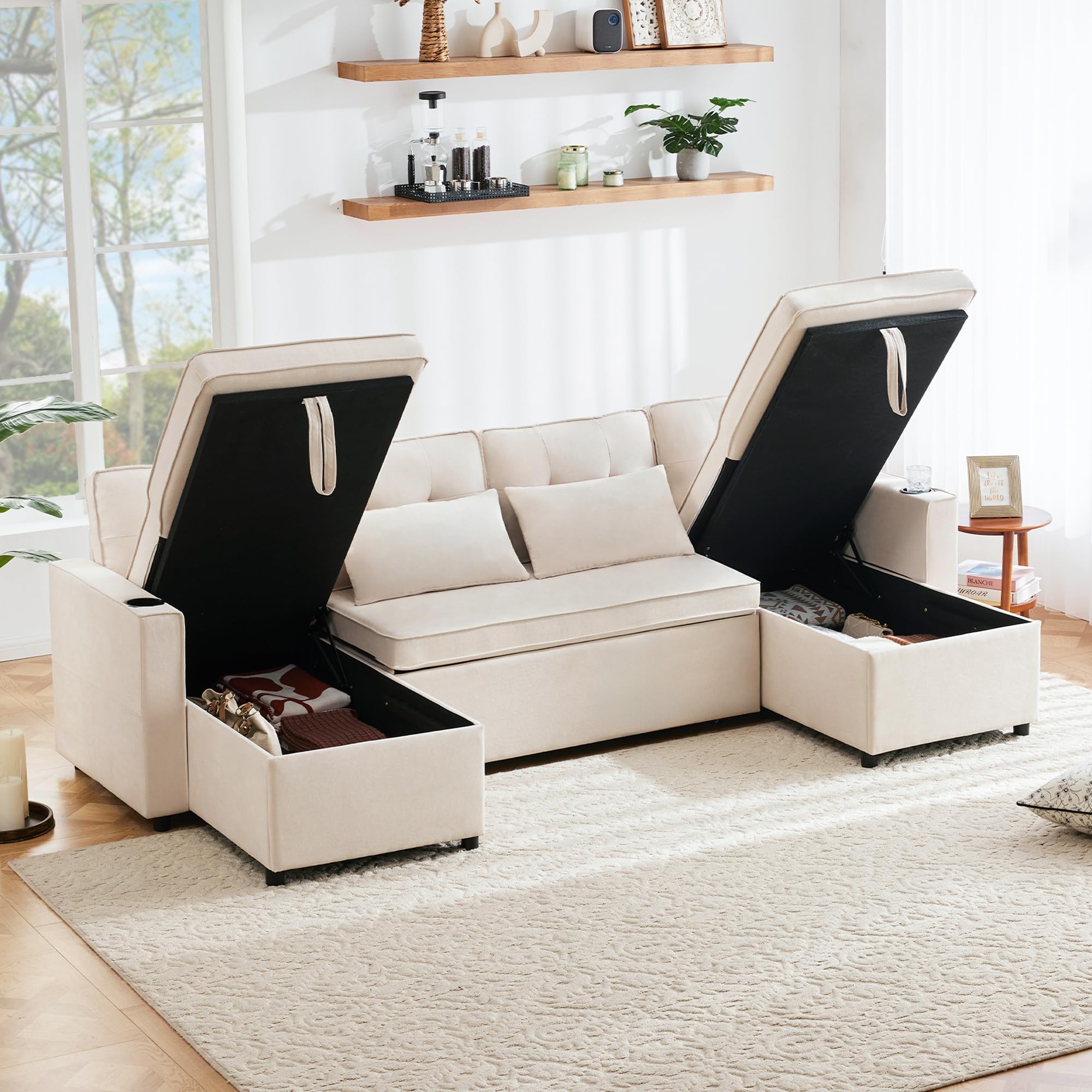 Bladez Divano letto a forma di L con portabevande intercambiabile Chaise Longue moderno soggiorno divano in lino di cotone (beige, 4 posti)