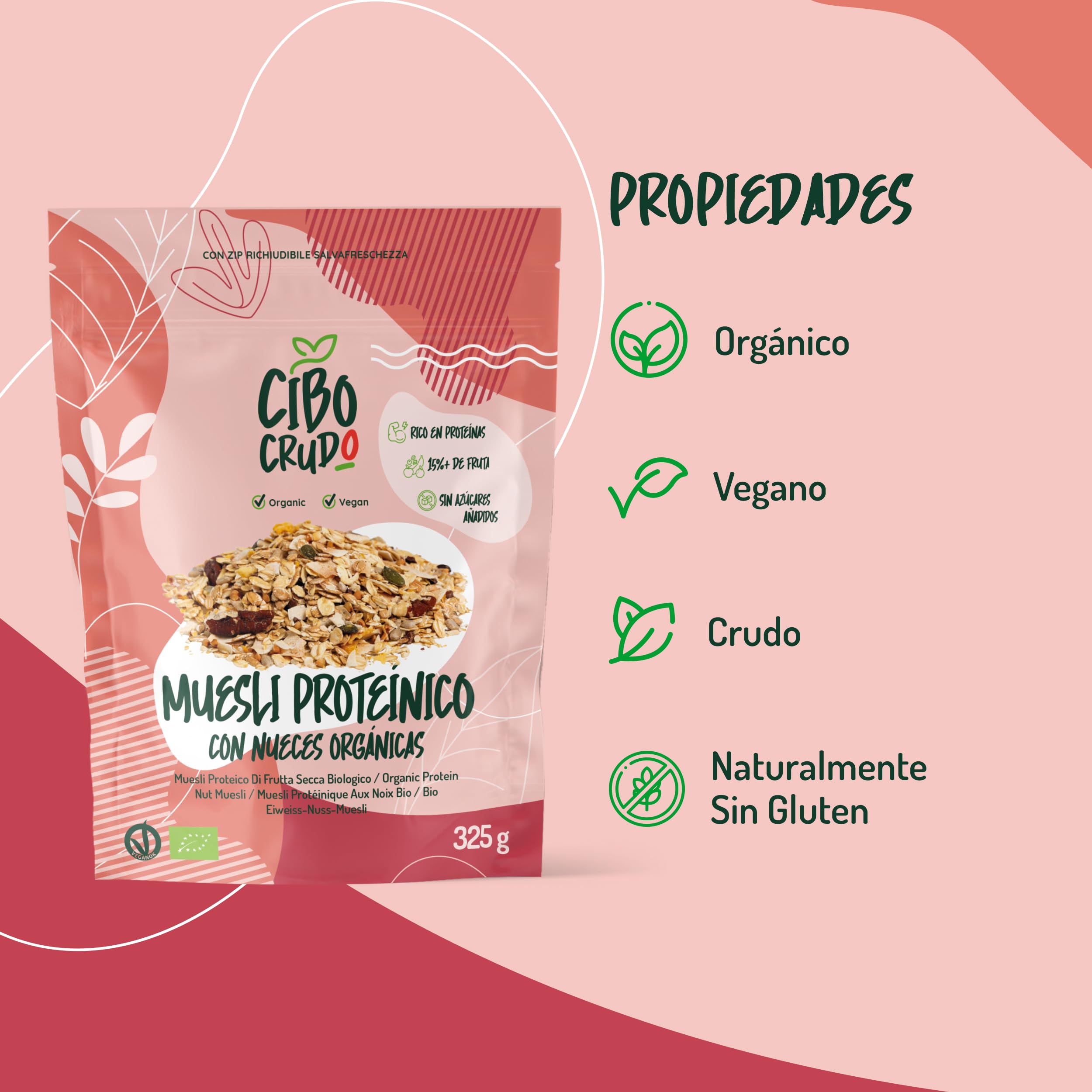 Muesli de Frutos Secos sin Azucar - 325g. Muesli con Copos de Avena Copos de Centeno y Coco con Granos de Avellana Semillas de Calabaza Anacardos Granos de Cacao en Trozos Almendras y Pecanas.
