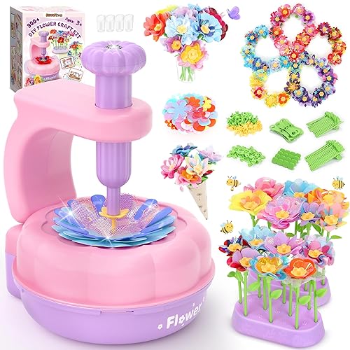 GirlsHome 300+PCS Fabric Flower Bouquets Toys, DIY Flower Crafts Kits for Kids, Arts and Crafts for Kids Ages 6-8 Girls, Flower Making Kit, STEM Educational Preschool Toy Christmas Gifts(Purple Pink)