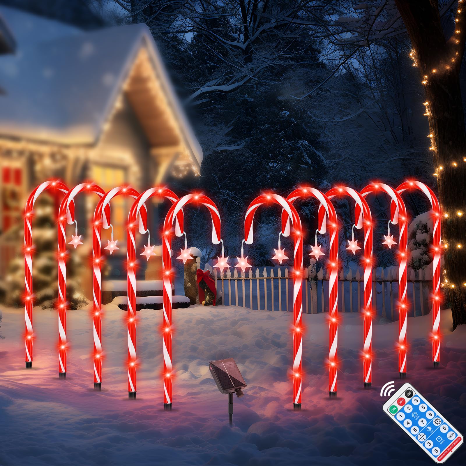 PINPON Solar Candy Cane Lights 22" 10 Pack Christmas Candy Cane Pathway Lights with Star Candy Cane Driveway Markers with 8 Modes for Christmas Decoration, for Yard Garden Walkway Sidewalks Landscape
