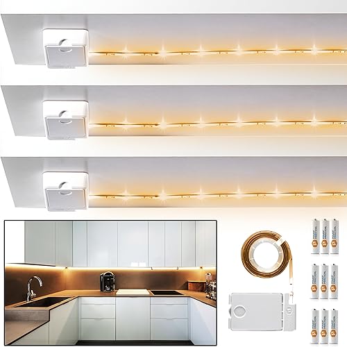 POWER PRACTICAL Luminoodle - Tira de luz LED para estantes, gabinetes de cocina y muebles, paquete de 3 incluye botón de encendido y cinta adhesiva,