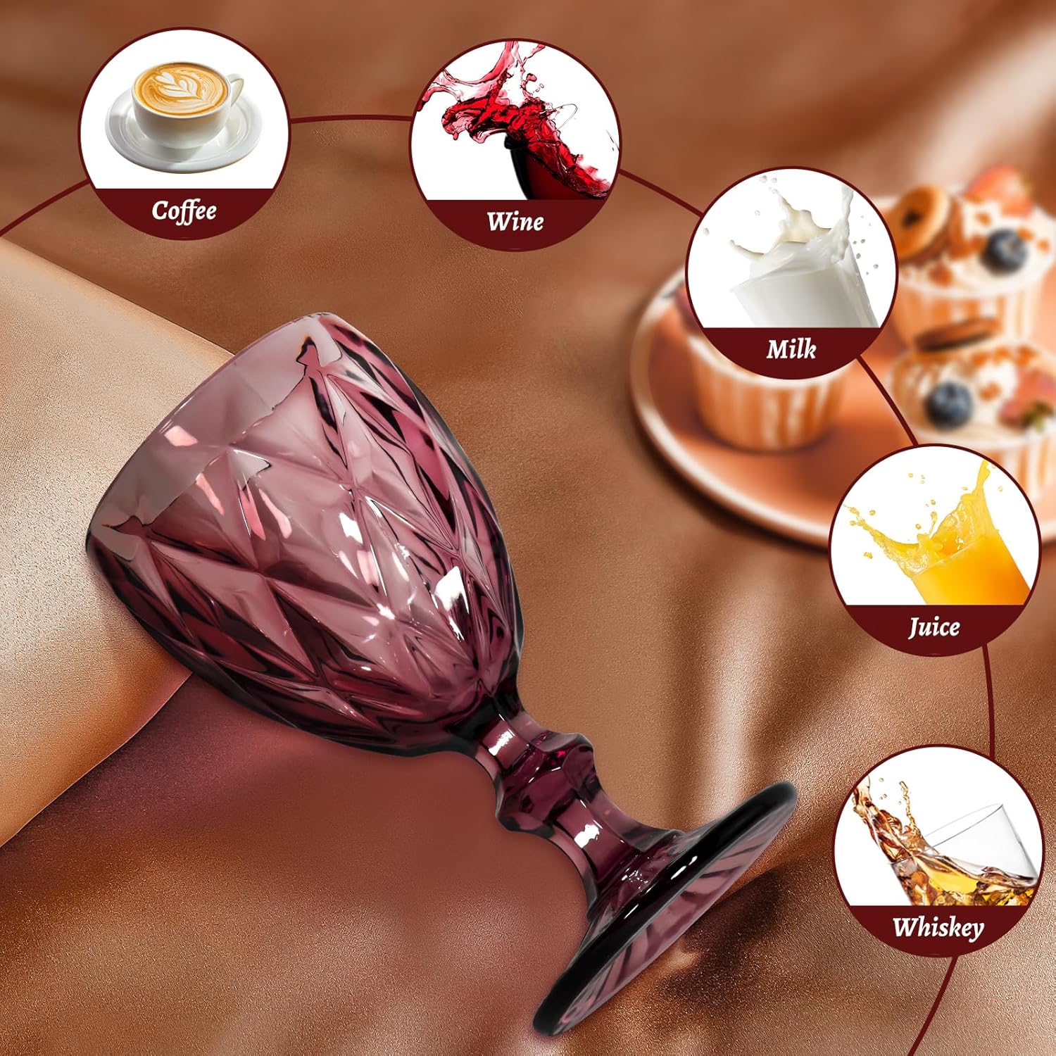 Vintage Wine Glasses Set of 6, 12 OZ Colored Glass Water Goblets, Embossed Floral Decorative Crystal Glass Cups Set, Dishwasher Safe, for Wedding, Party, Red Wine Glass, Bars, Restaurants - Image 4