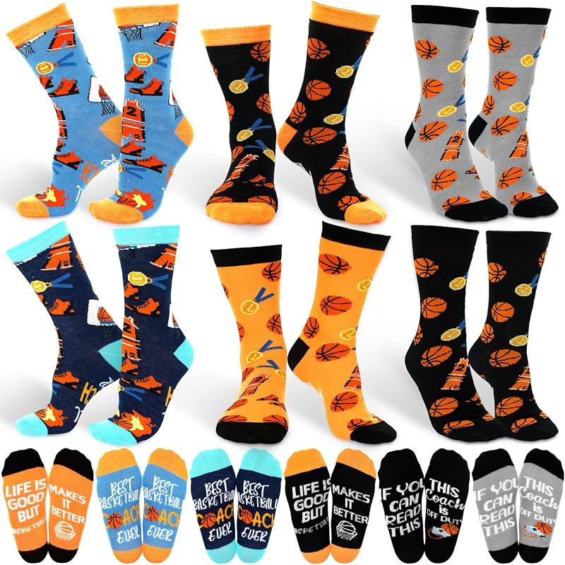 6 Pairs Basketball Socks Gift for Basketball Lover Coach Men Women Teen Coach Appreciation Gift Thank You Gifts for Christmas Ball Fans Gifts